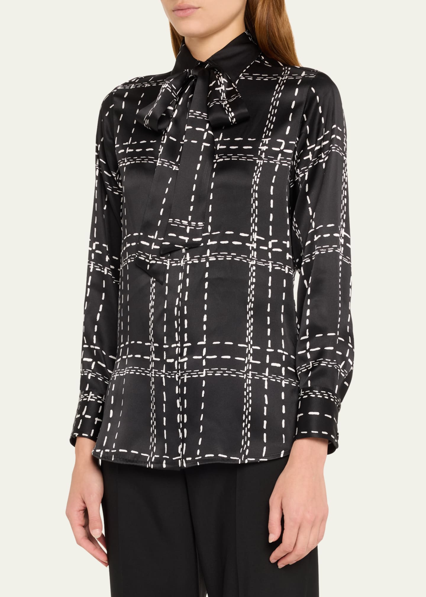 Kiton Stitch Print NeckTie Silk Blouse Bergdorf Goodman