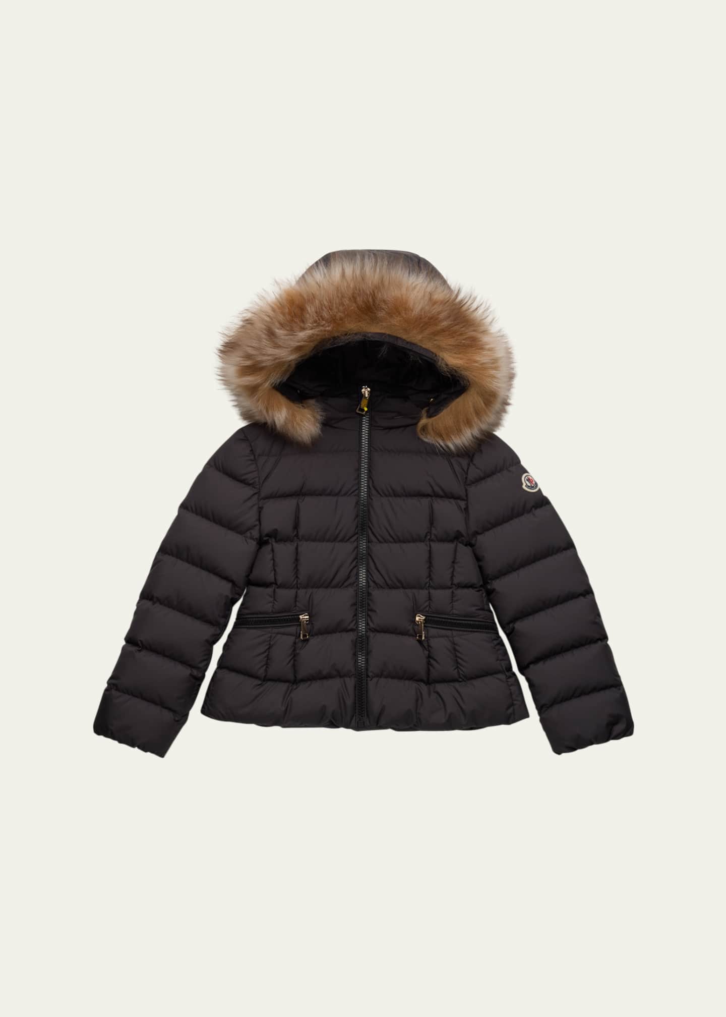Moncler Girl's Bodette Puffer Jacket W/ Dyed Shearling Hood, Size 4-6 Image 1 of 3