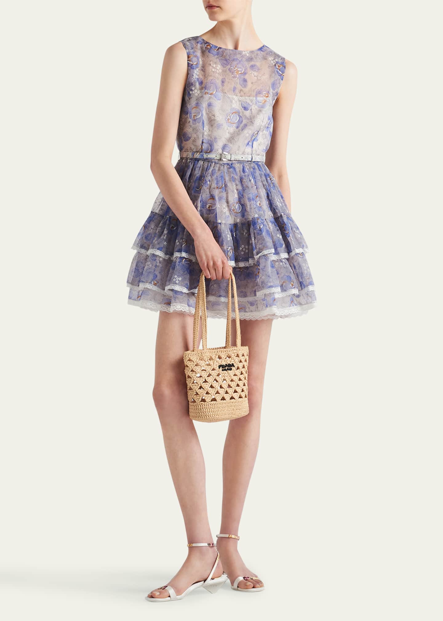 Prada Floral Tiered Lace-Trim Leather Belted Chiffon Mini Dress Image 2 of 4