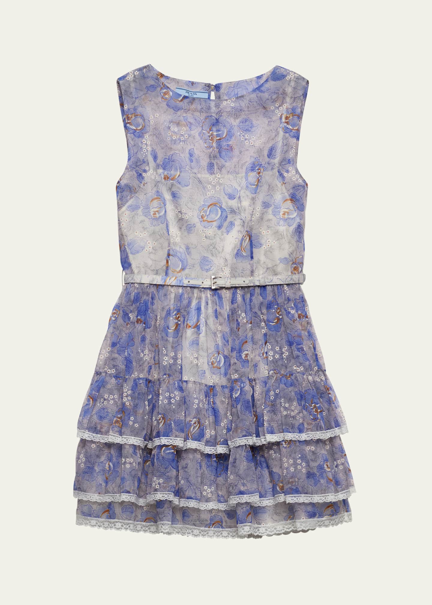 Prada Floral Tiered Lace-Trim Leather Belted Chiffon Mini Dress Image 1 of 4