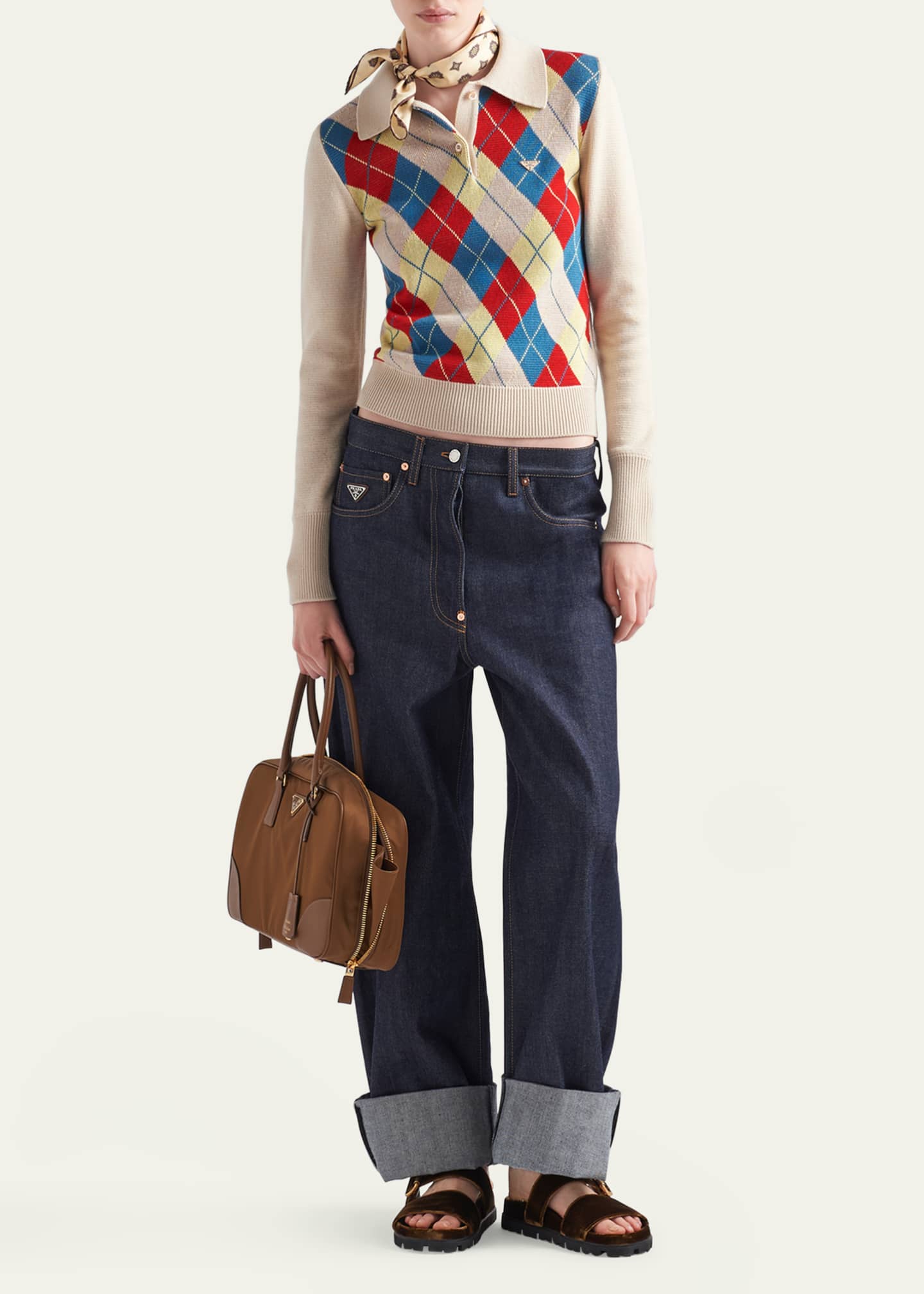 Prada Jacquard Argyle Polo Wool Sweater Image 2 of 4