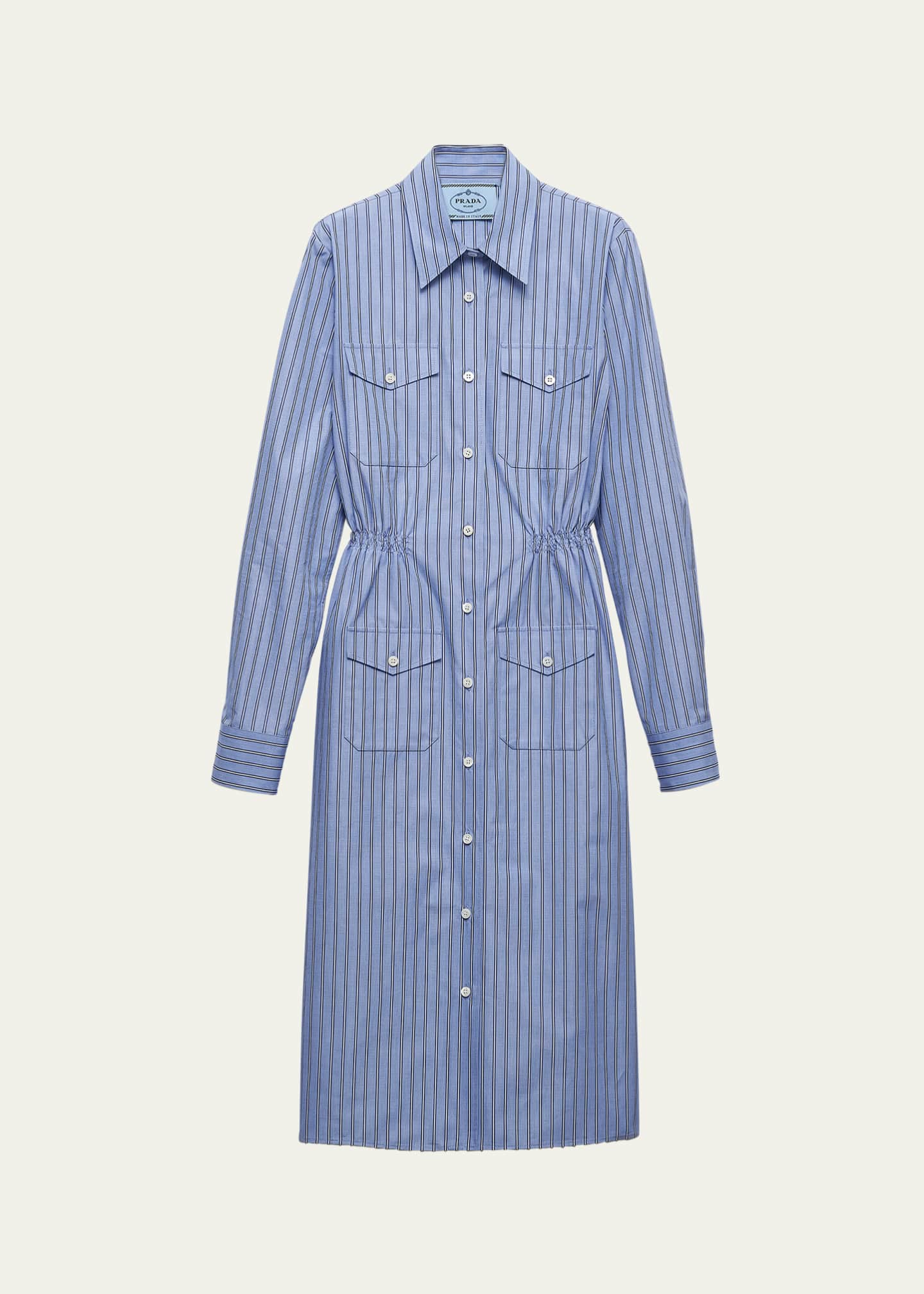 【プラダ・PRADA】Striped chambray dress Prada Stripe Chambray Button Down Midi Dress - Bergdorf Goodman