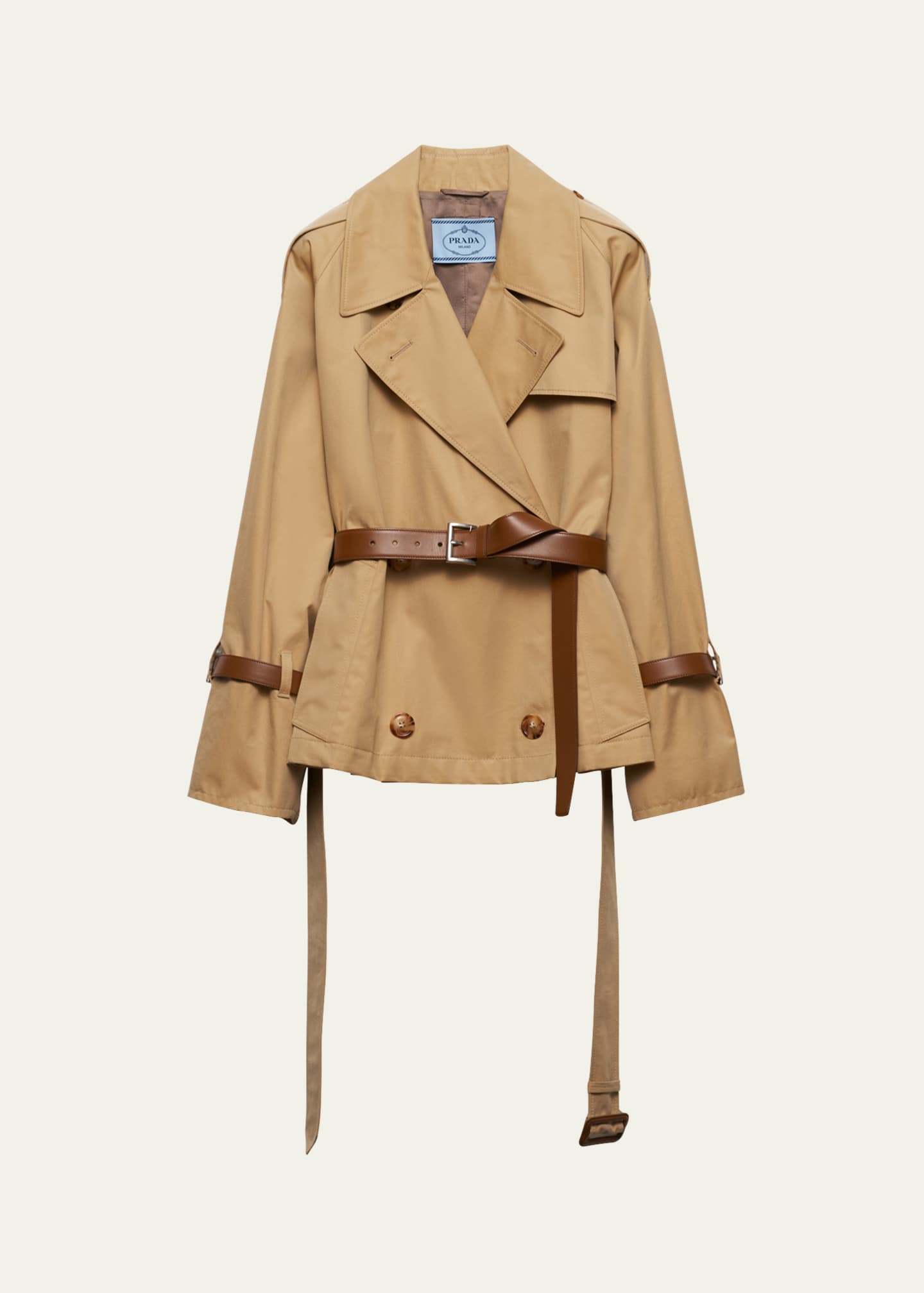Prada Short Leather Belted Twill Trench Jacket Image 1 of 4