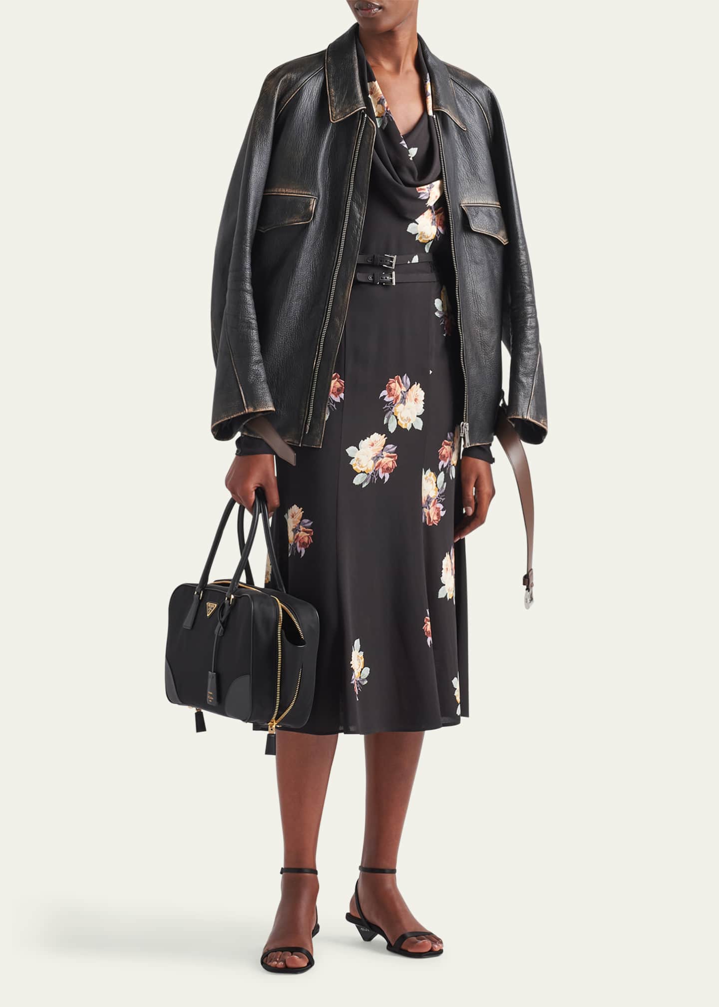 Prada Floral Cowl-Neck Leather Belted Midi Dress Image 2 of 4