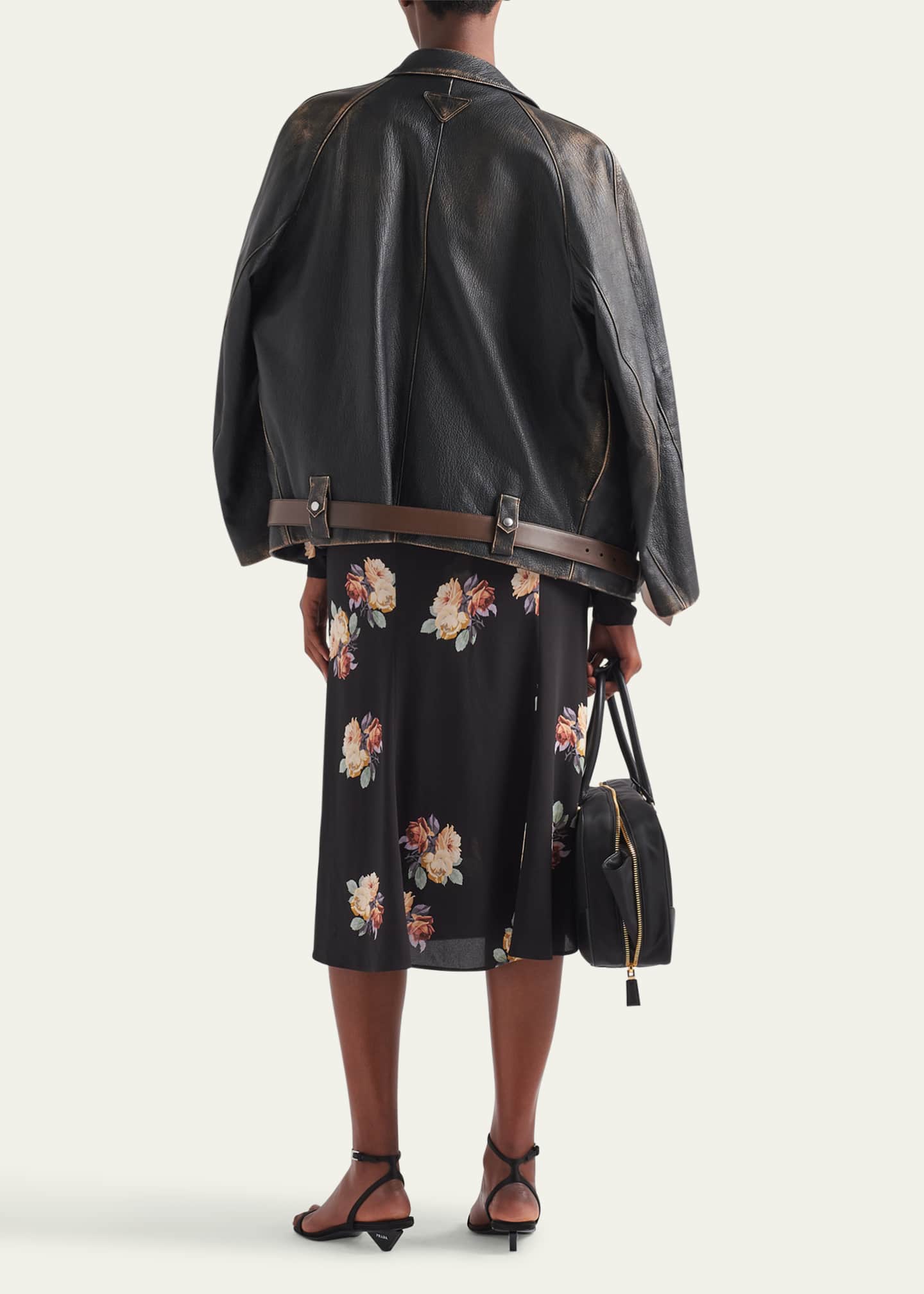 Prada Floral Cowl-Neck Leather Belted Midi Dress Image 3 of 4