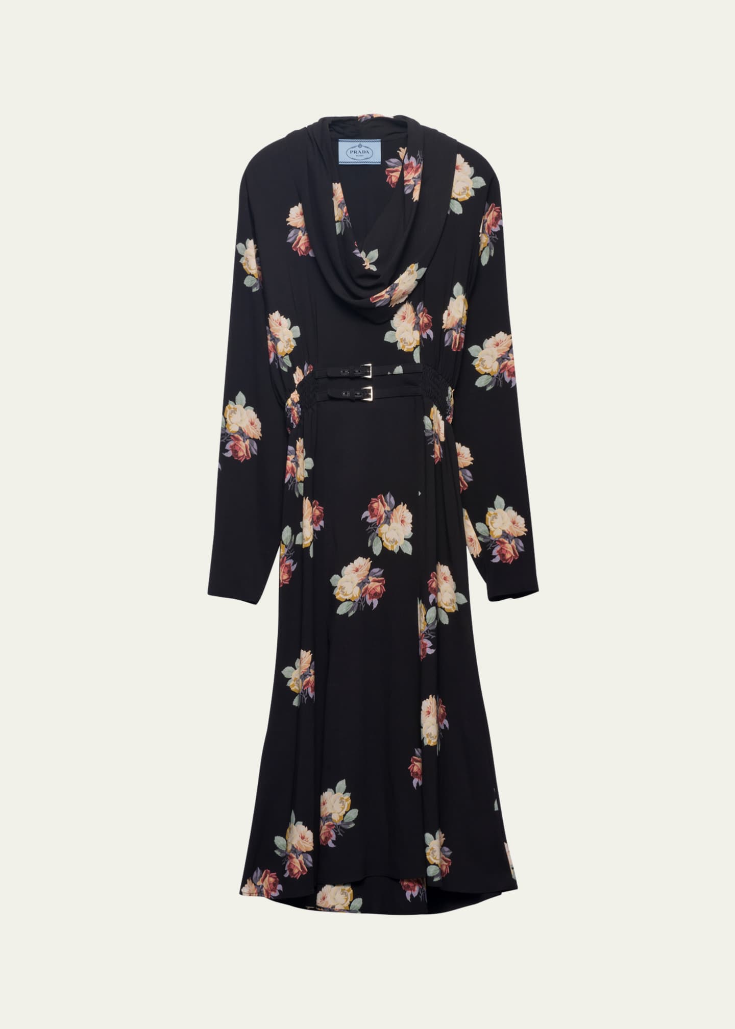 Prada Floral Cowl-Neck Leather Belted Midi Dress Image 1 of 4
