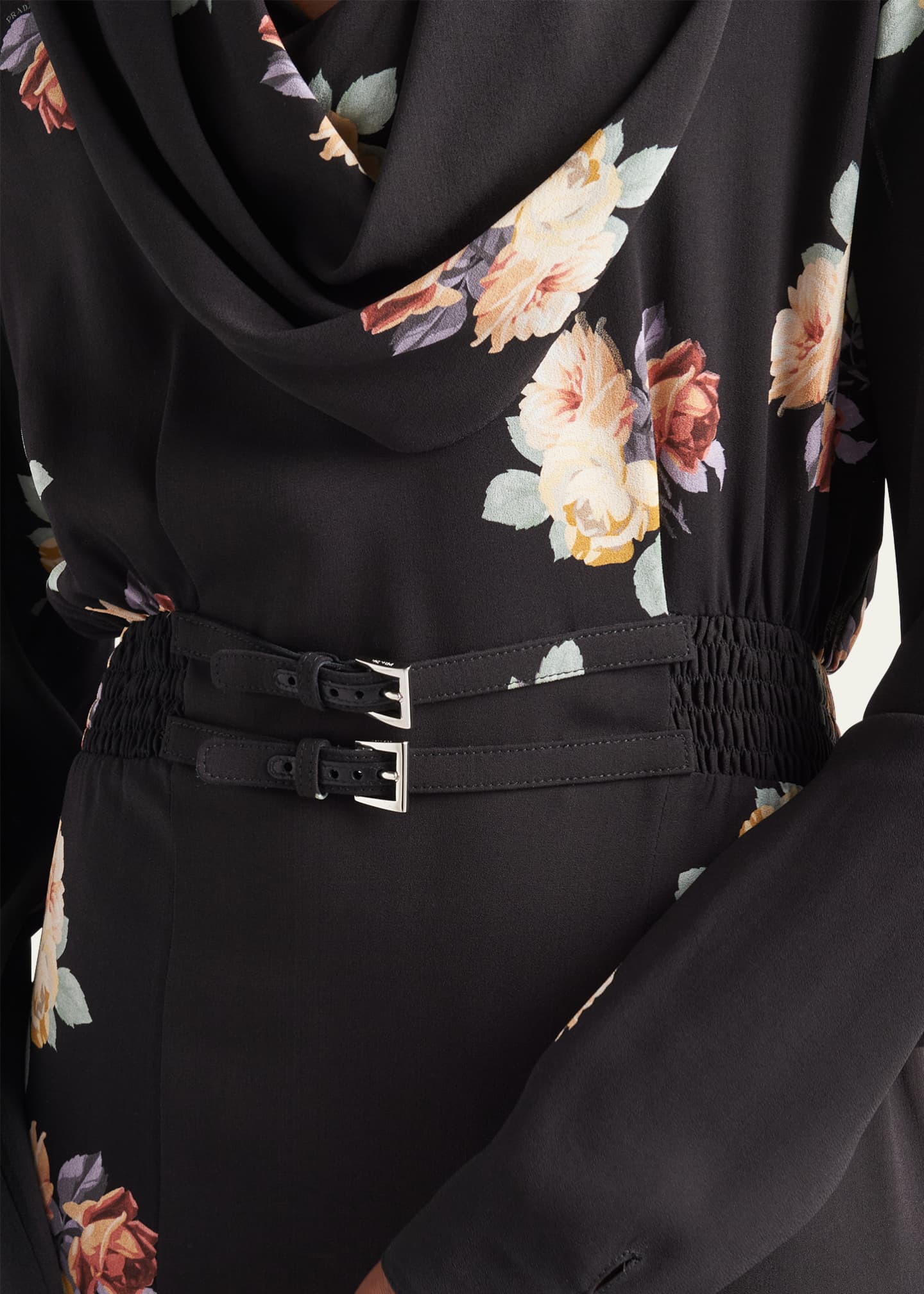Prada Floral Cowl-Neck Leather Belted Midi Dress Image 4 of 4