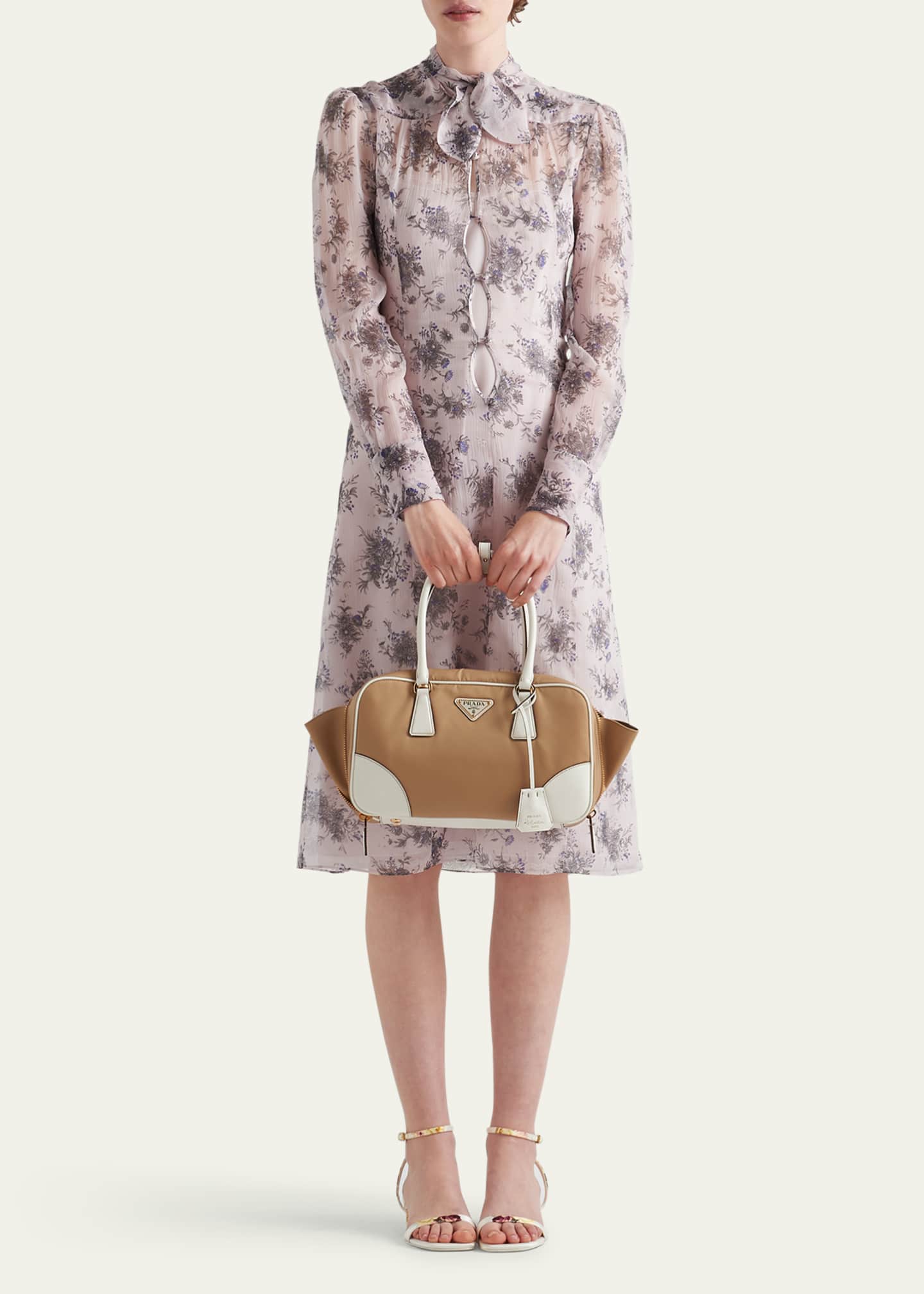 Prada Floral Chiffon Scarf-Collar Midi Dress Image 2 of 4