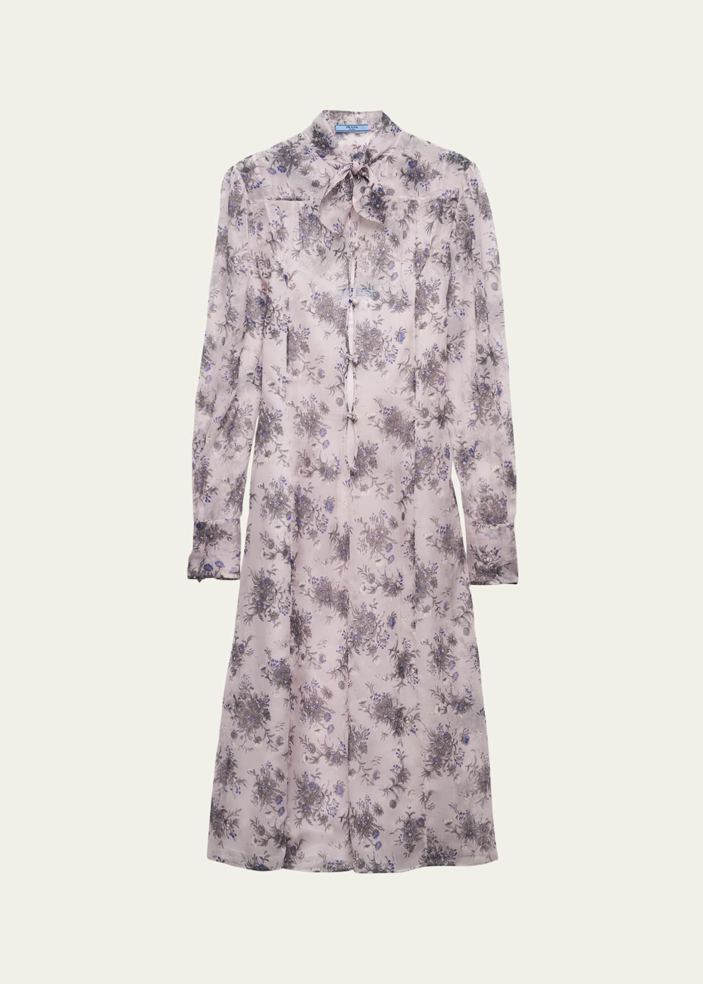 Prada Floral Chiffon Scarf-Collar Midi Dress Image 1 of 4