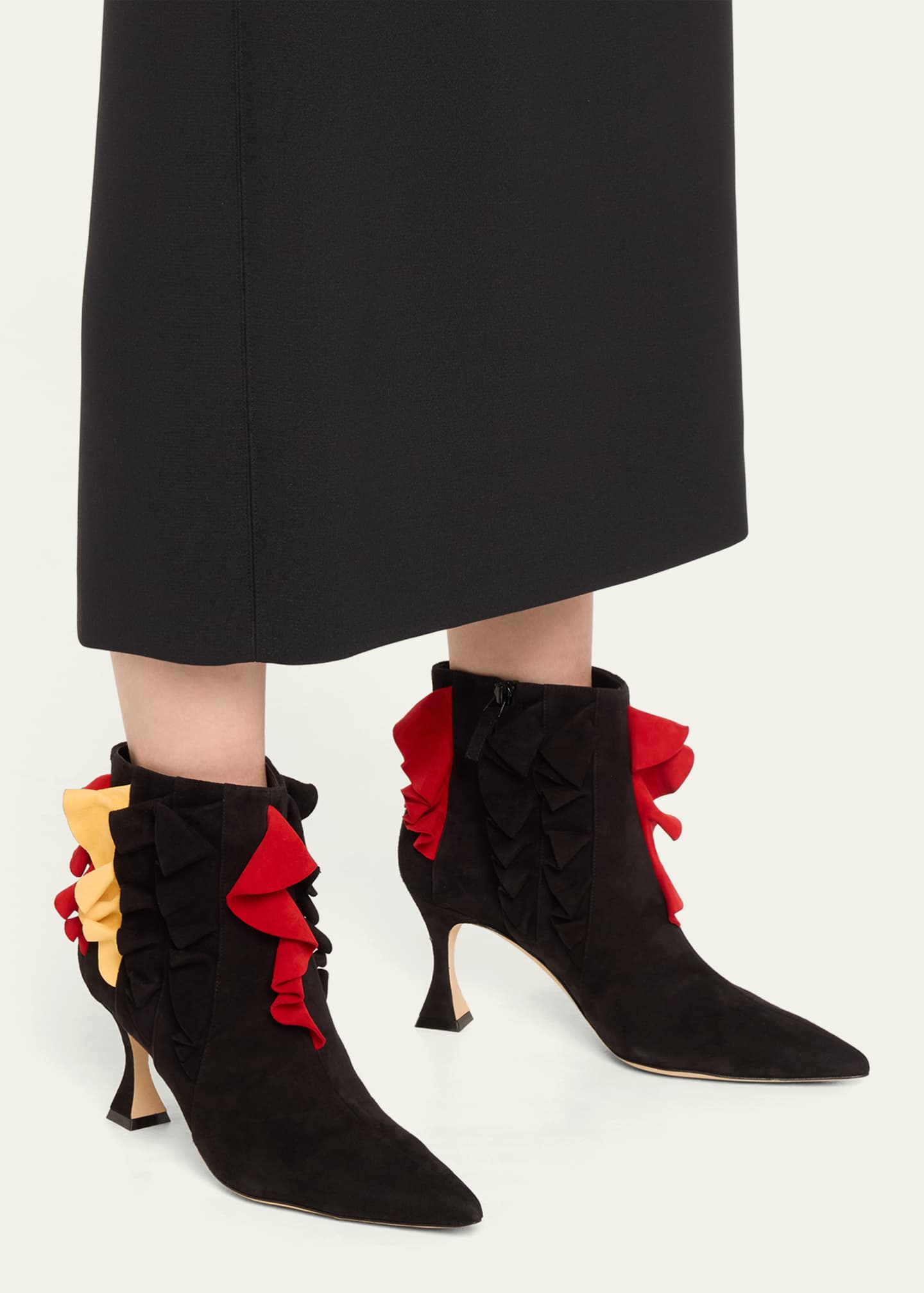Manolo Blahnik Pompa Suede Colorblock Ruffle Booties Image 2 of 5