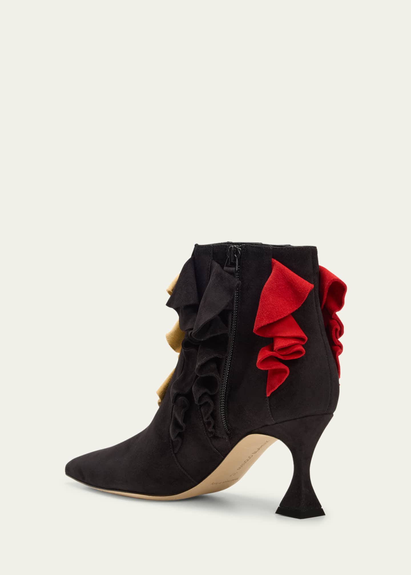 Manolo Blahnik Pompa Suede Colorblock Ruffle Booties Image 4 of 5