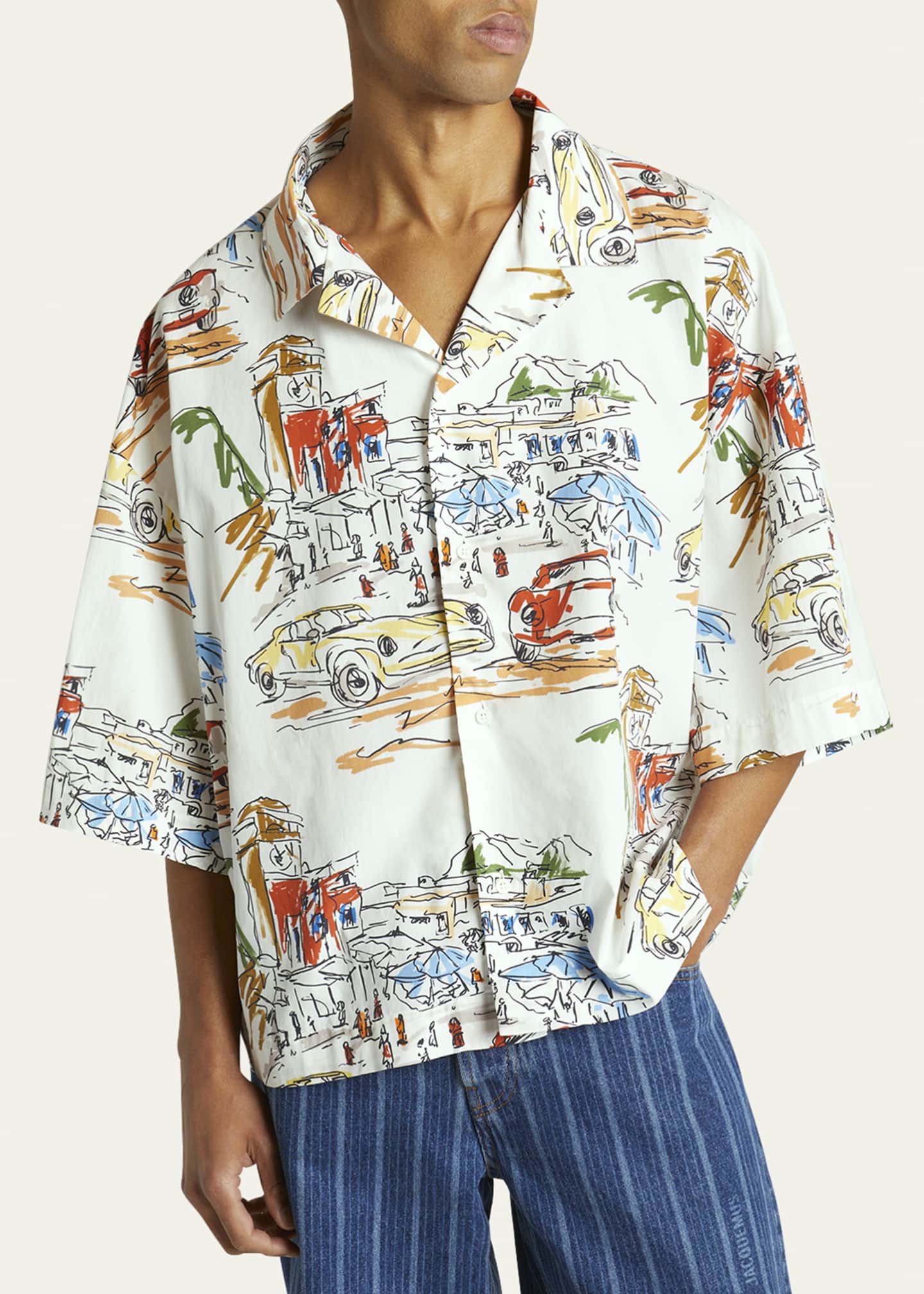 Jacquemus Men's Car-Print Camp Shirt Image 4 of 5