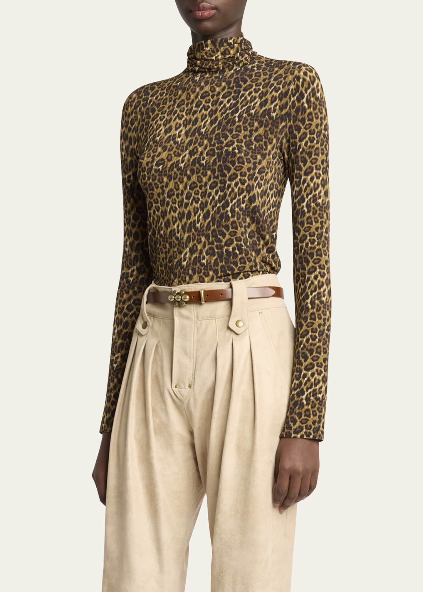 Isabel Marant Joyela Leopard Print Jersey Turtleneck Top