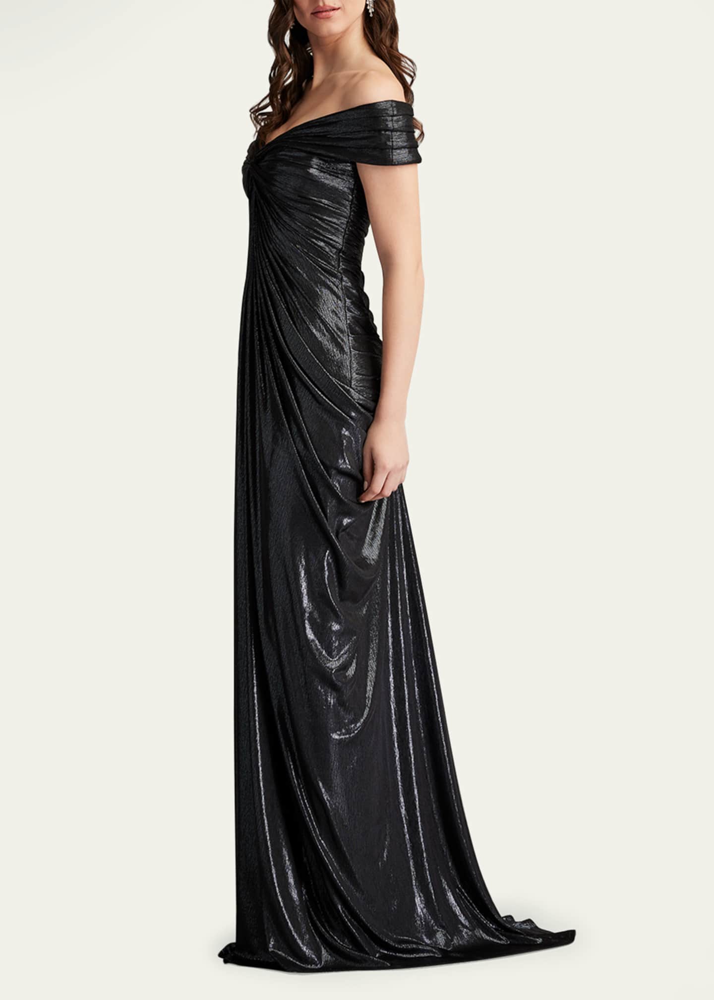 Tadashi Shoji Ruched Off-Shoulder Metallic Jersey Gown