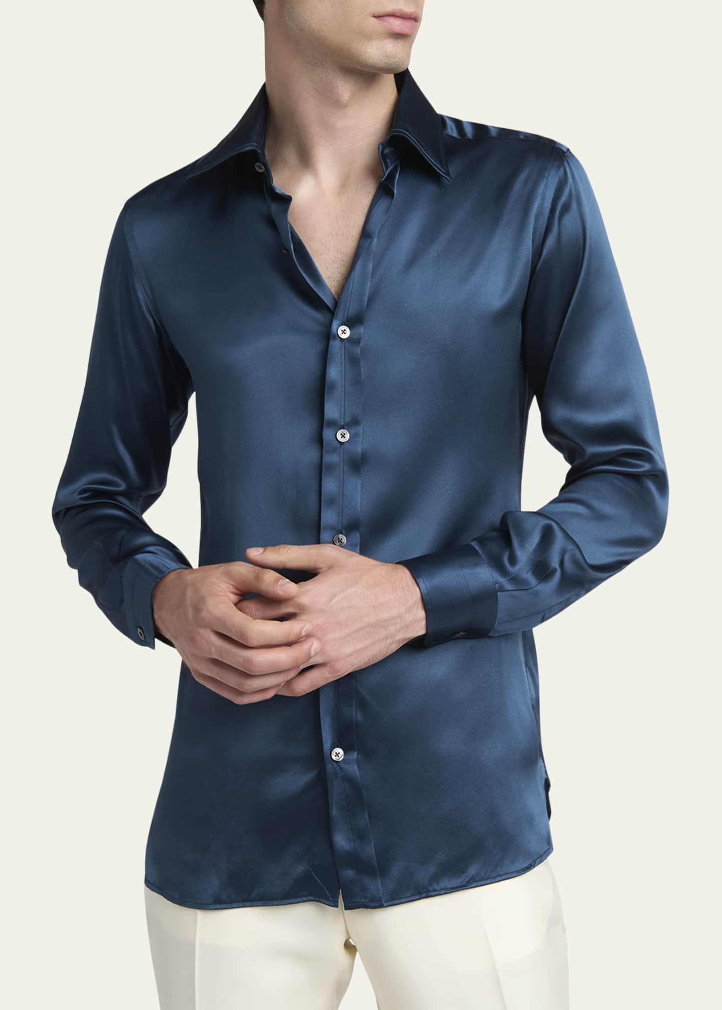 Tシャツ・カットソー TOM FORD BLUE IN SILK TOM FORD Men's Silk Charmeuse Slim-Fit Dress Shirt