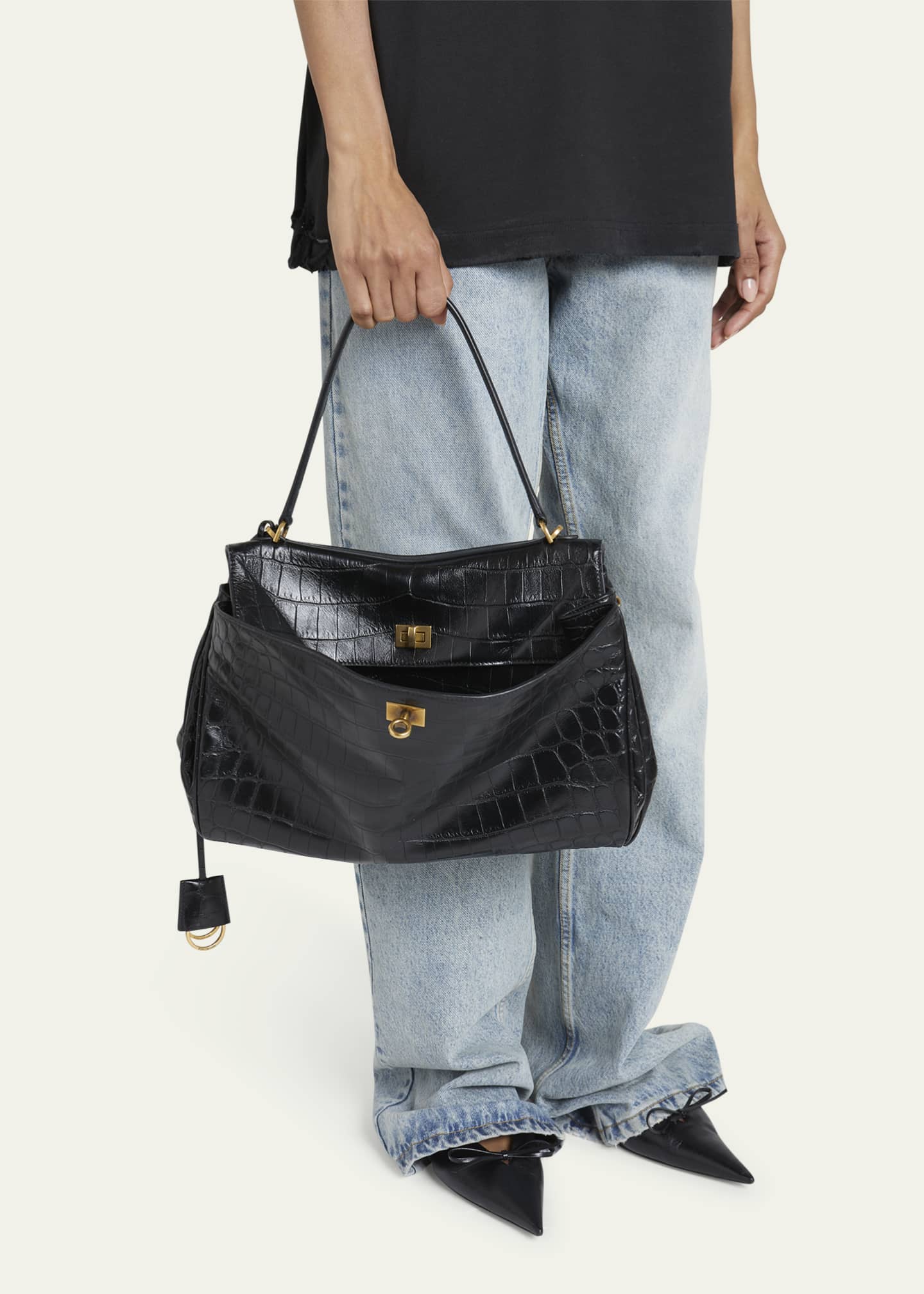 Balenciaga Rodeo Croc Embossed Leather Shoulder Bag 1000 Black