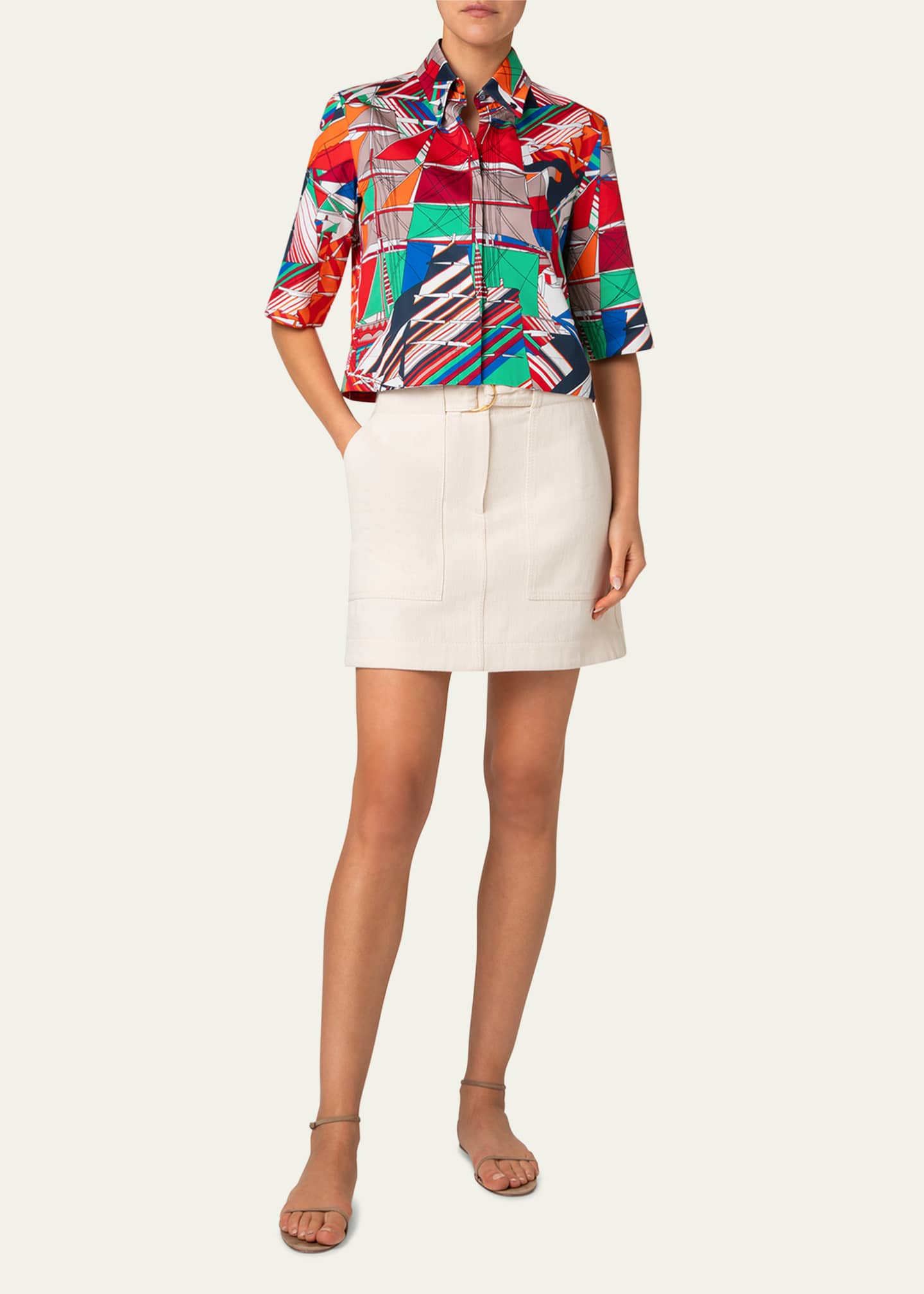 Akris punto Sea Clipper Print Boxy Cotton Satin Blouse Image 2 of 5