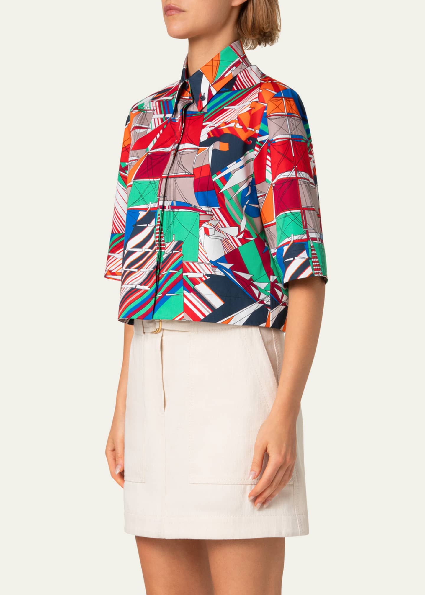 Akris punto Sea Clipper Print Boxy Cotton Satin Blouse Image 4 of 5