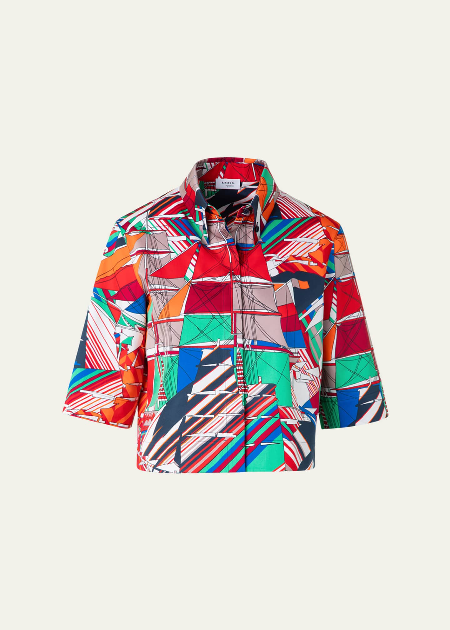 Akris punto Sea Clipper Print Boxy Cotton Satin Blouse Image 1 of 5