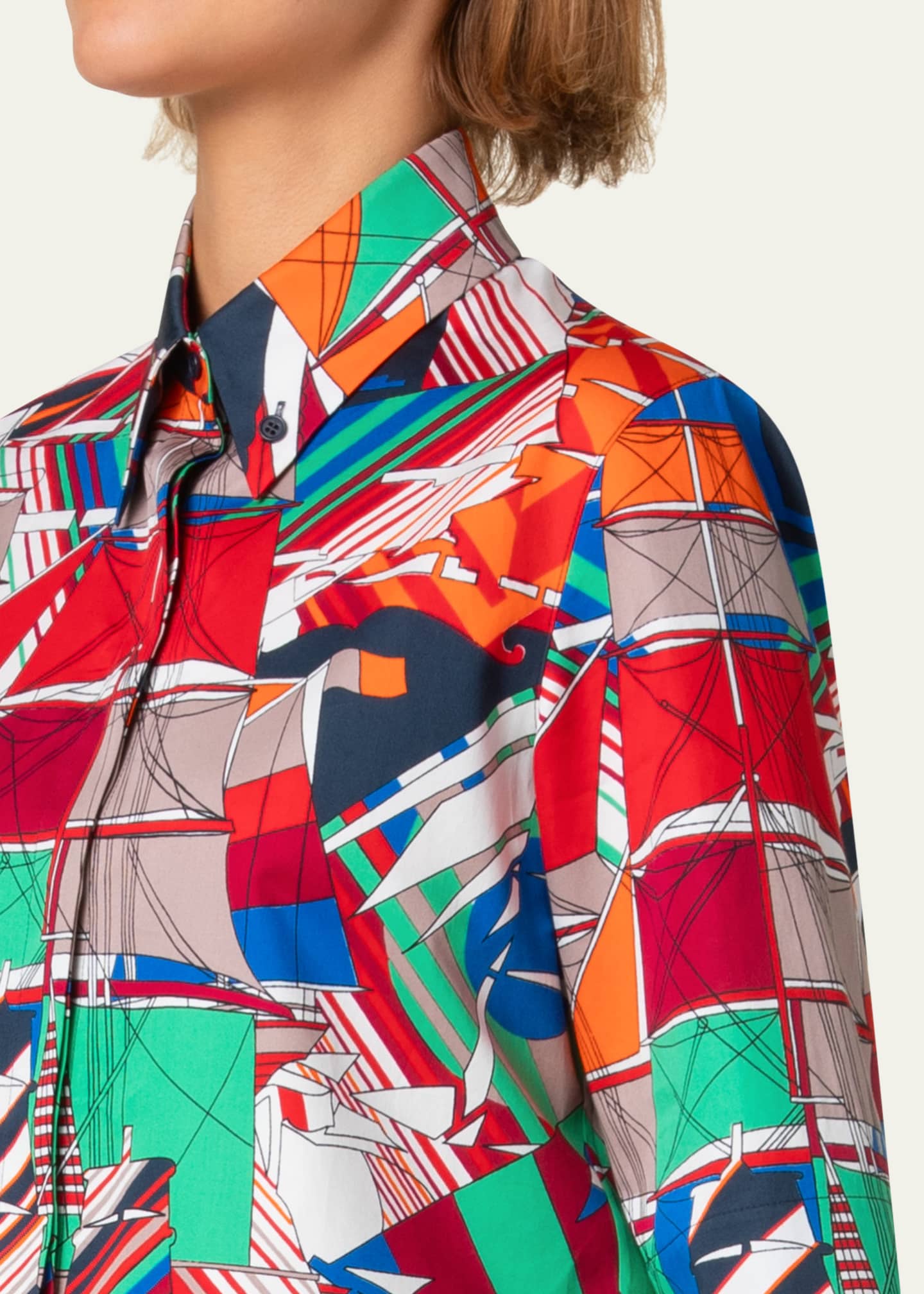 Akris punto Sea Clipper Print Boxy Cotton Satin Blouse Image 5 of 5