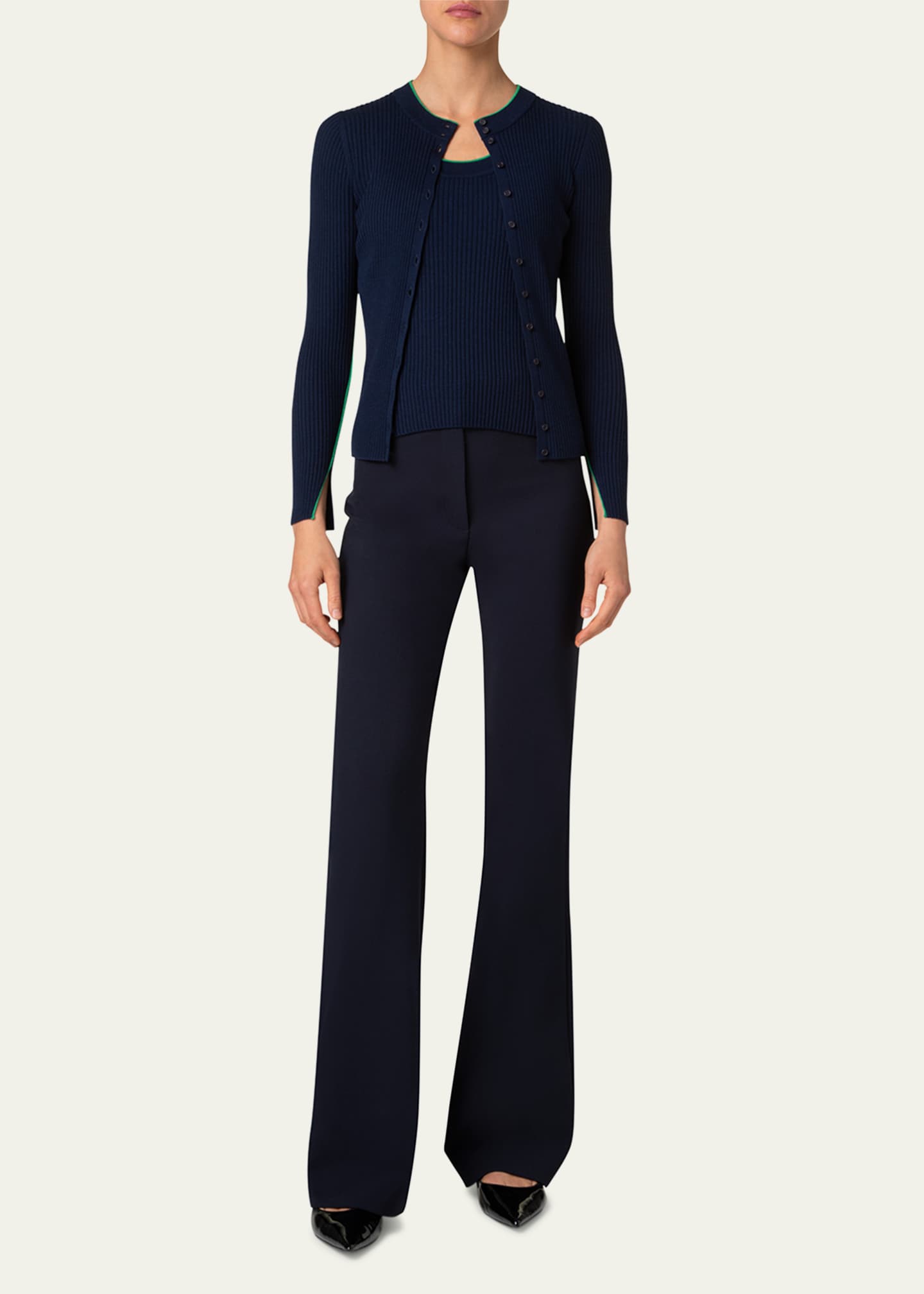 Akris punto Ribbed Wool Cardigan with Contrast Piping Image 2 of 5
