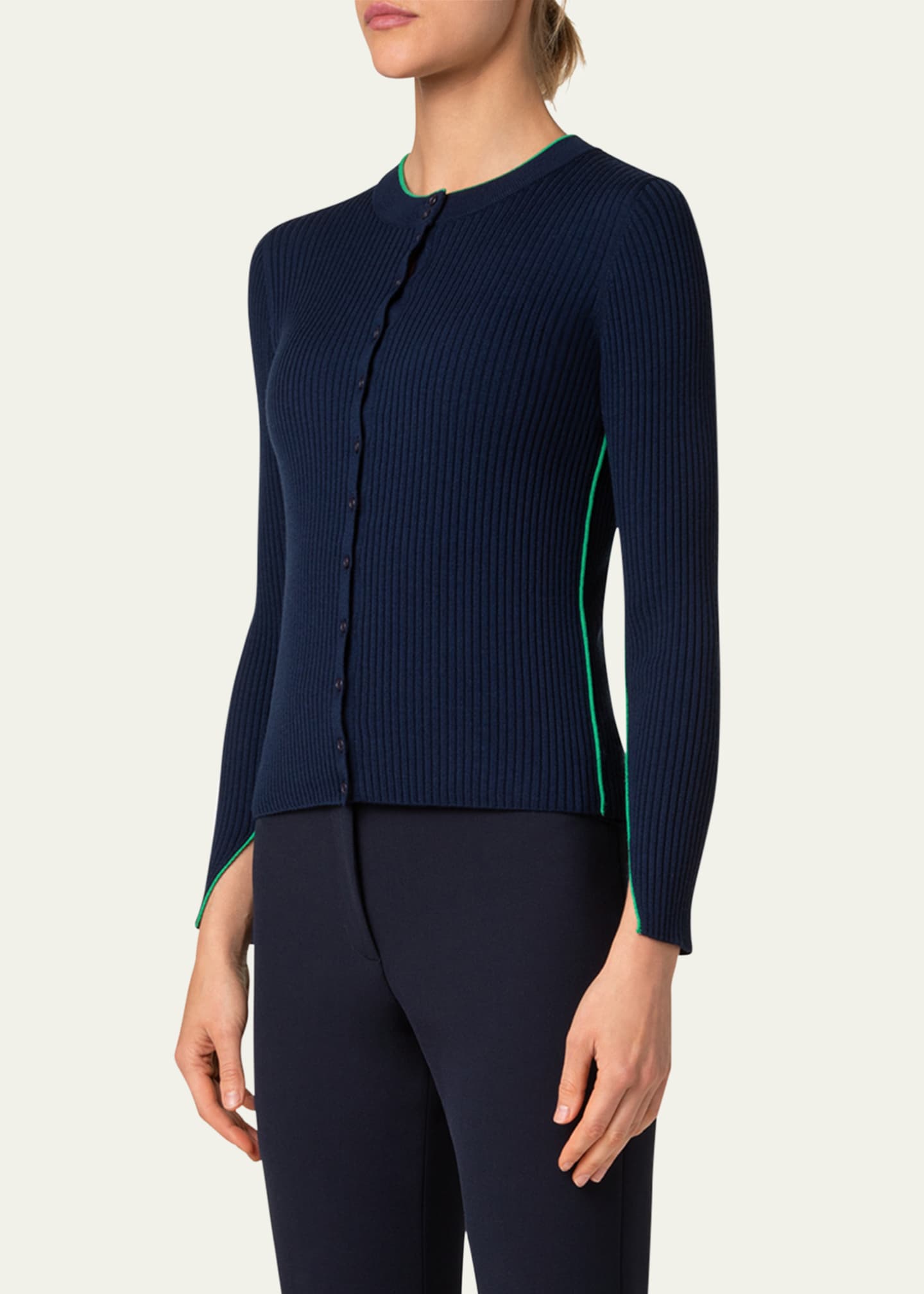Akris punto Ribbed Wool Cardigan with Contrast Piping Image 4 of 5