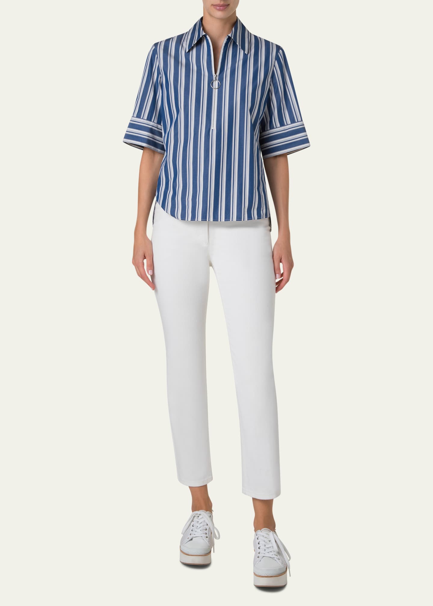 Akris punto Deck Chair Stripe Zip-Front Poplin Blouse Image 2 of 5