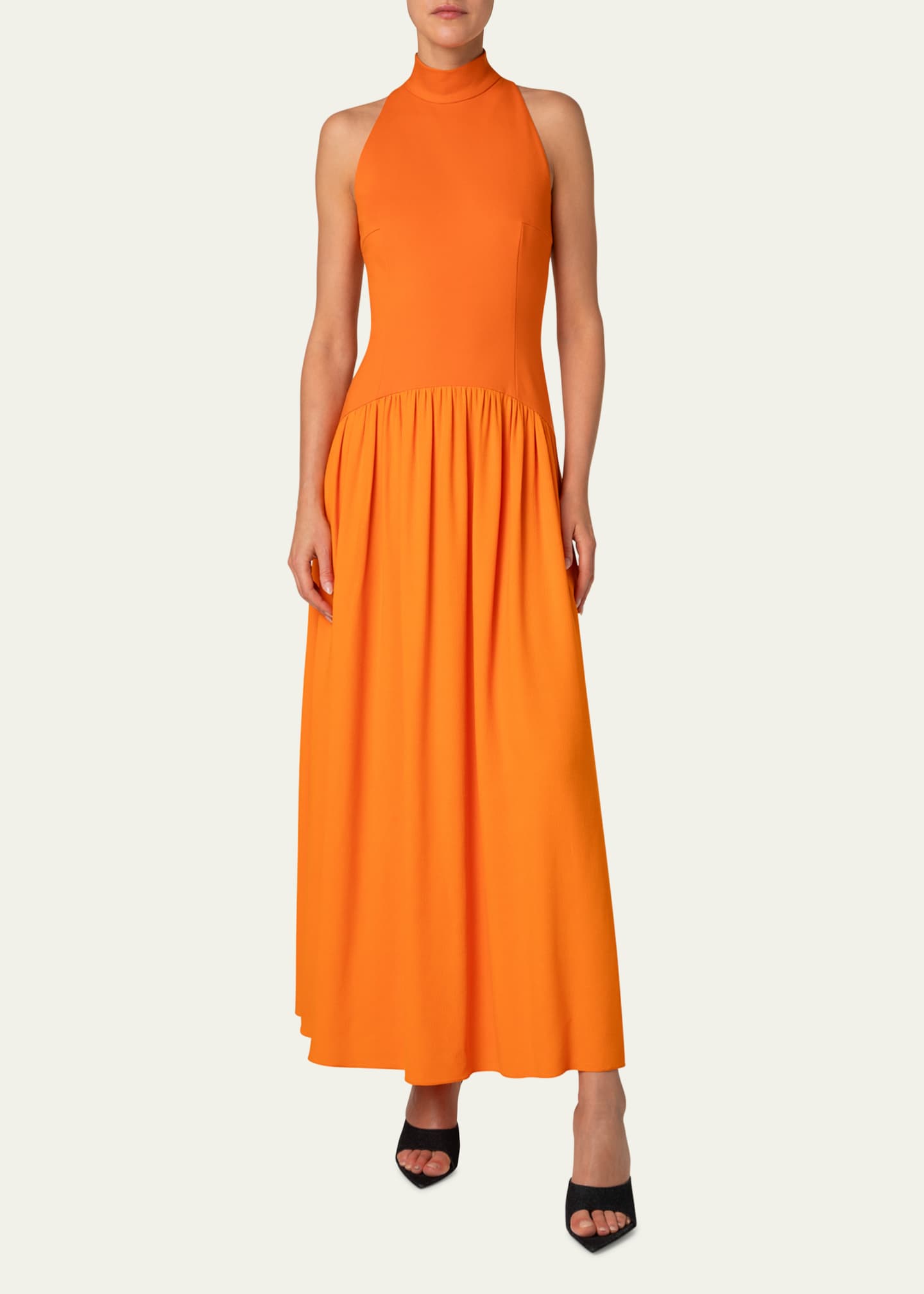 Akris punto Mixed-Media Jersey Halter Seersucker Pleated Skirt Dress Image 2 of 5