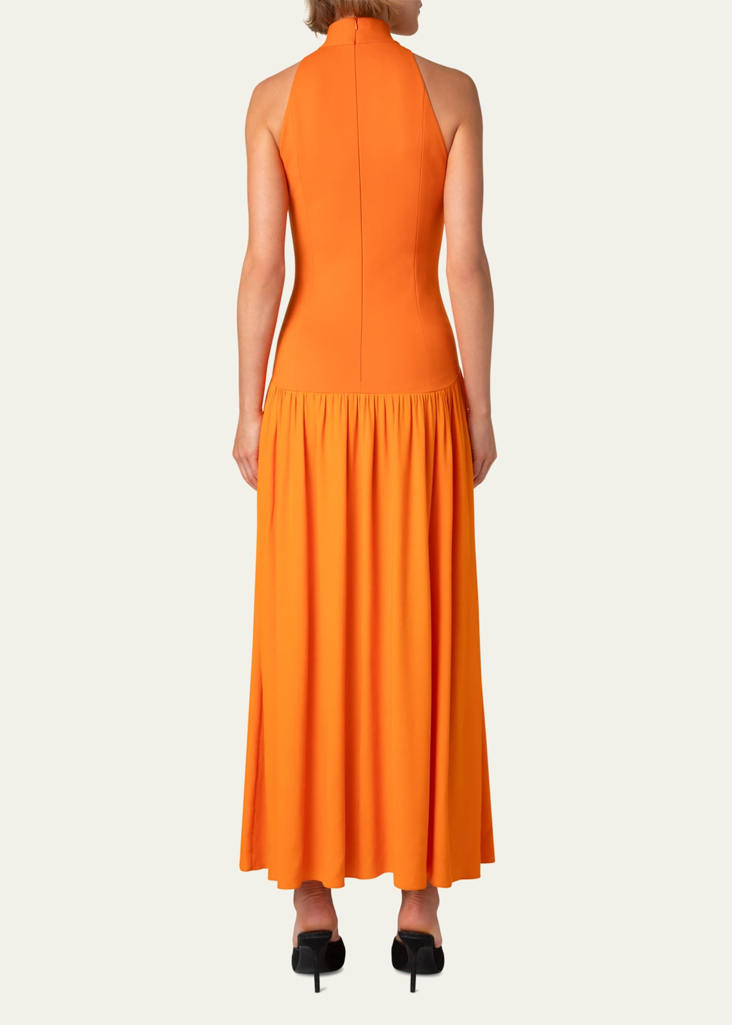 Akris punto Mixed-Media Jersey Halter Seersucker Pleated Skirt Dress Image 3 of 5