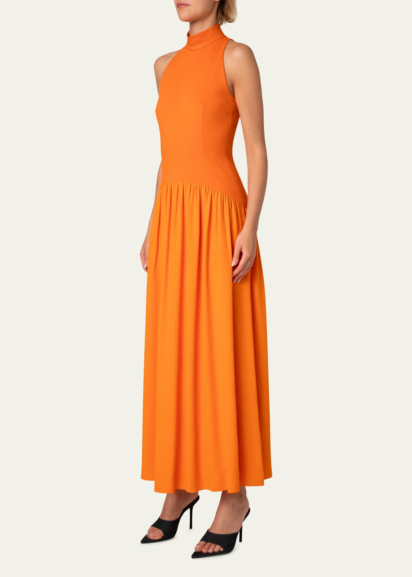 Akris punto Mixed-Media Jersey Halter Seersucker Pleated Skirt Dress Image 4 of 5