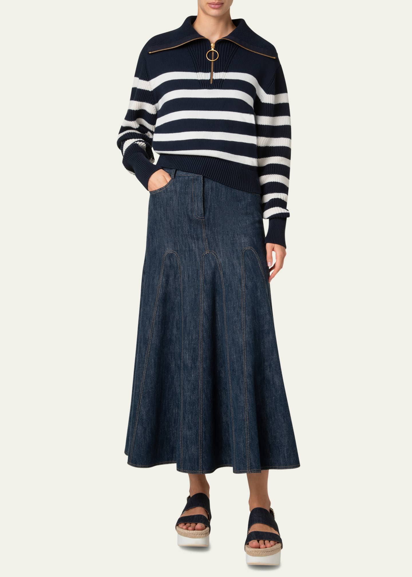 Akris punto Stripe Maxi Collar Cotton Knit Sweater Image 2 of 5