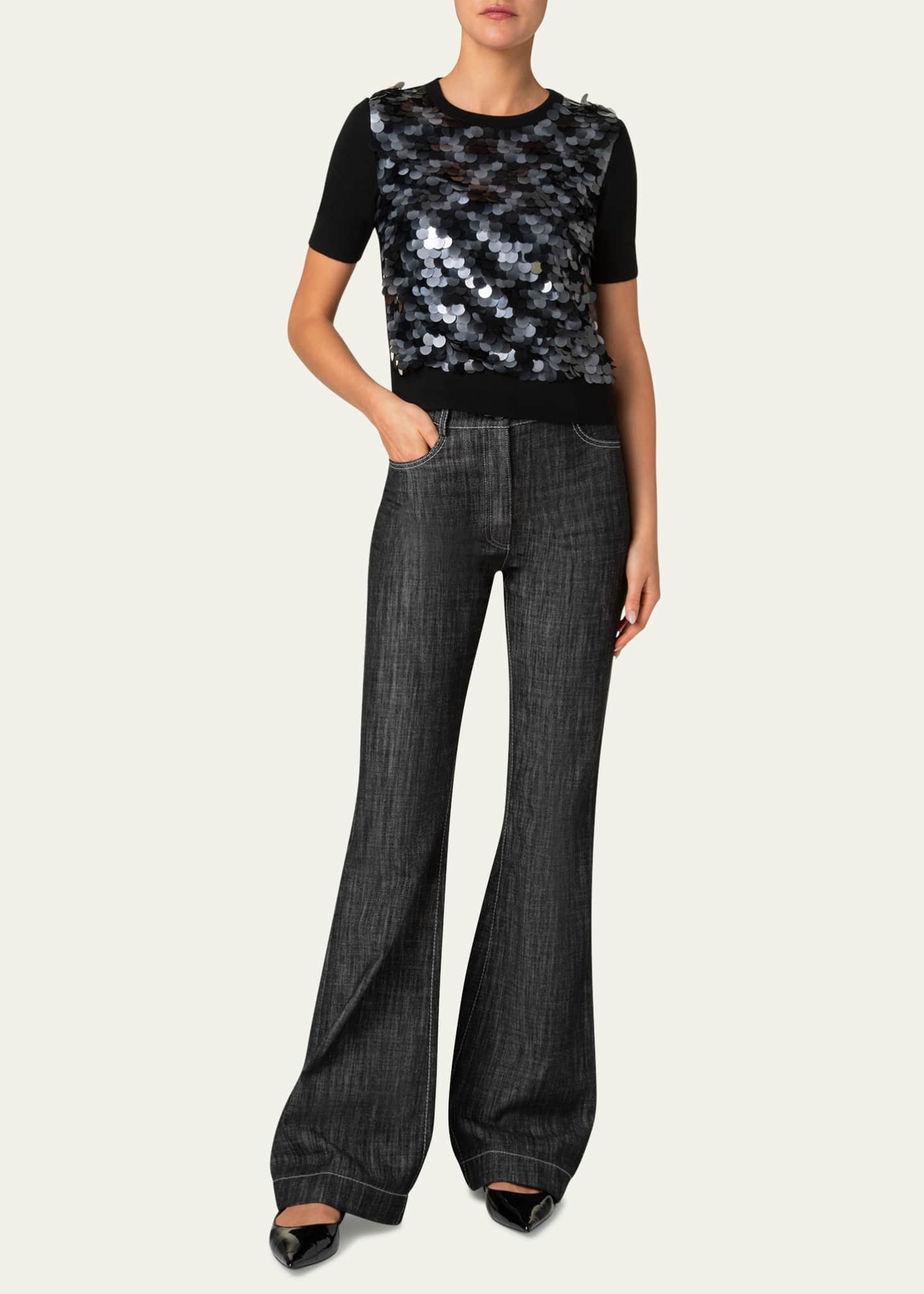 Akris punto Front Sequined Short Sleeve Wool Sweater Image 2 of 5