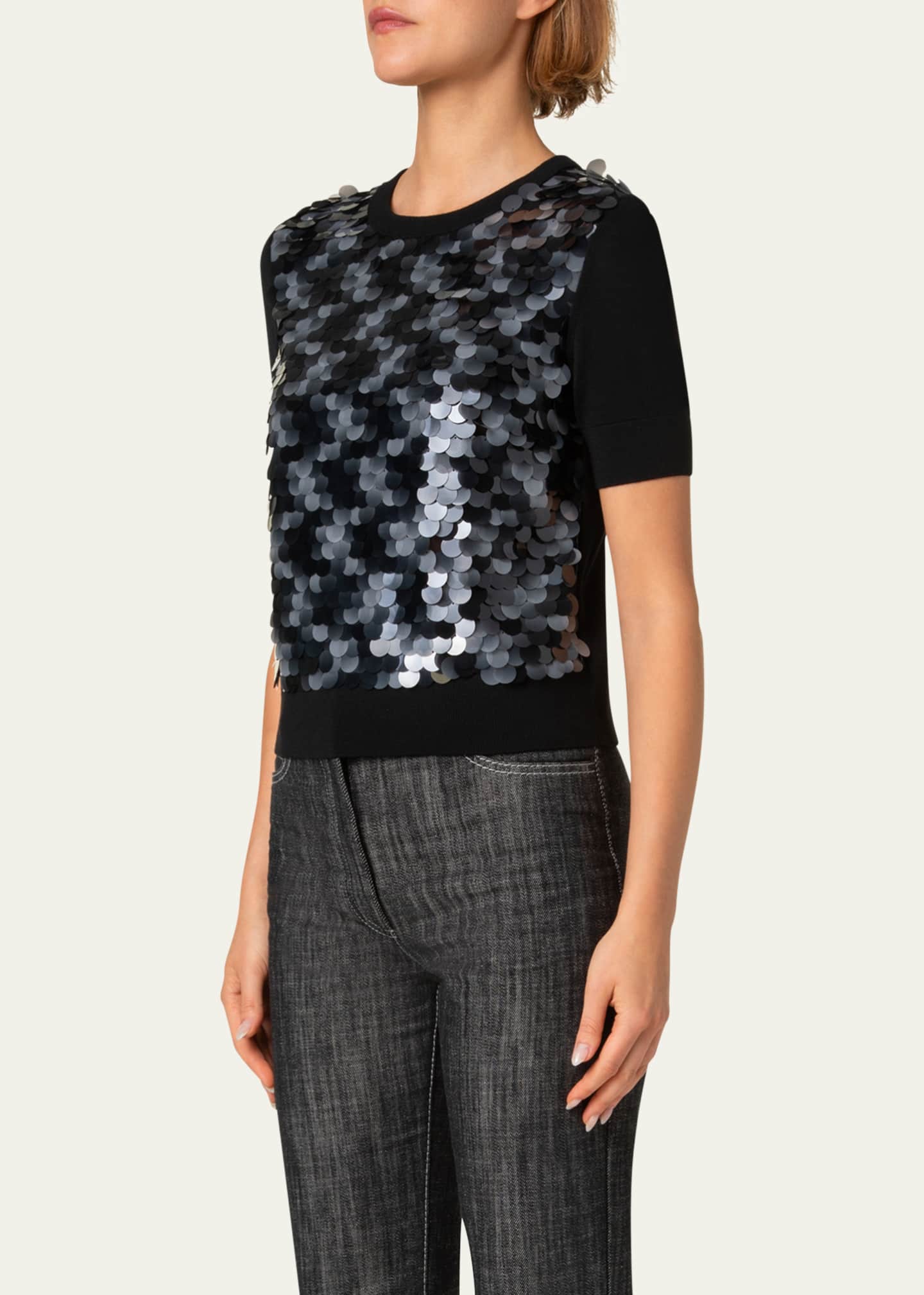 Akris punto Front Sequined Short Sleeve Wool Sweater Image 4 of 5