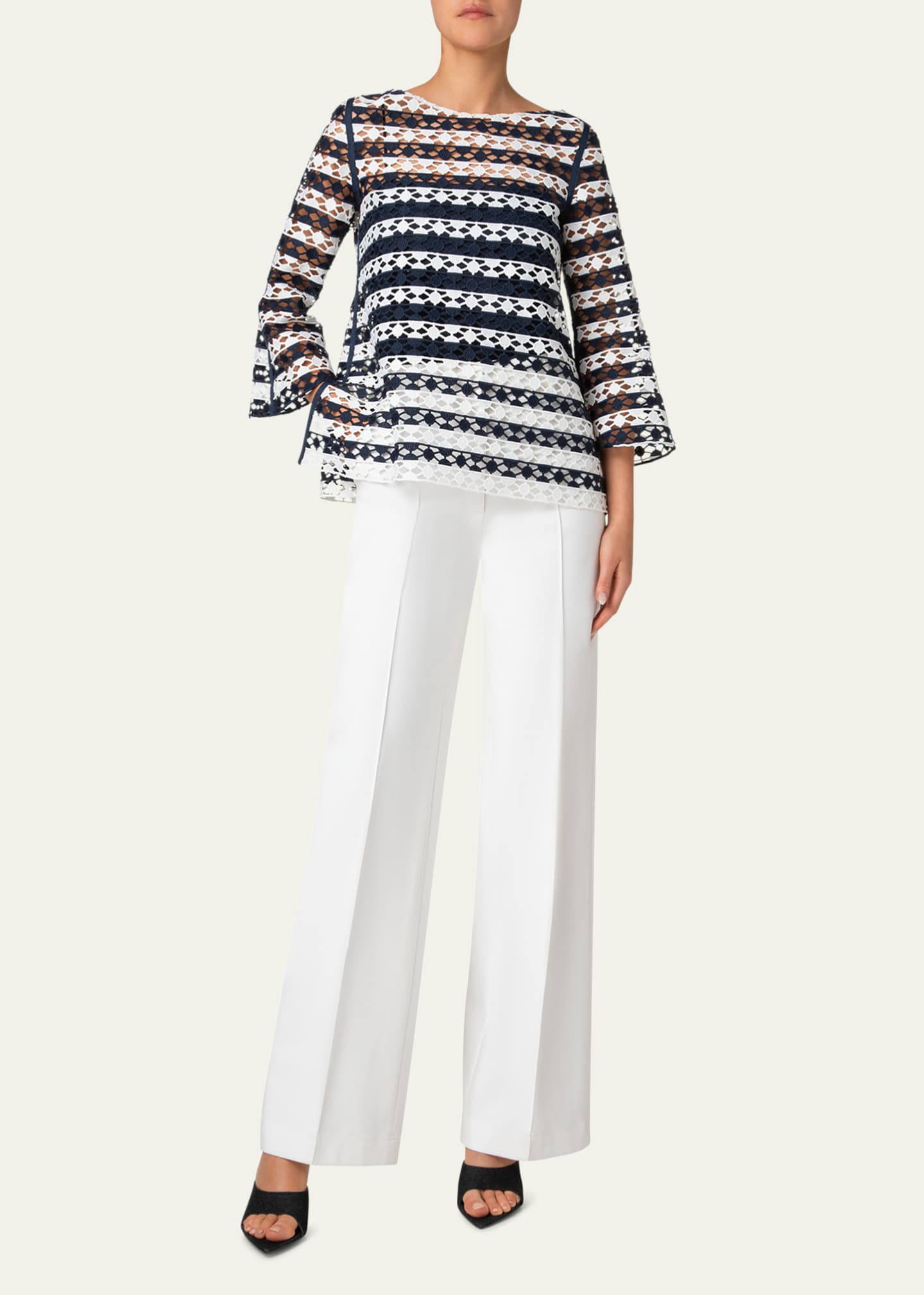 Akris punto Kodak Striped Dot Guipure Trumpet-Sleeve Blouse Image 2 of 5