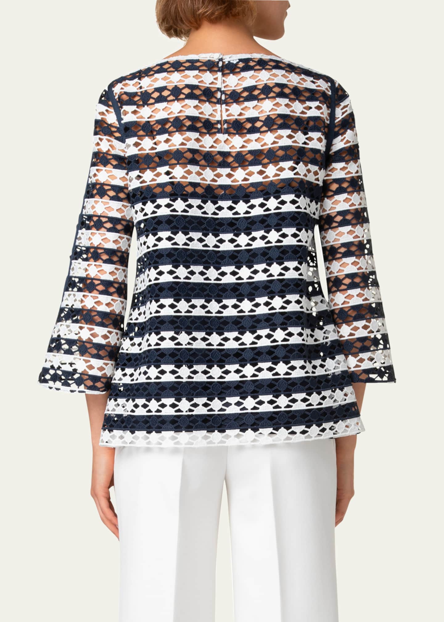 Akris punto Kodak Striped Dot Guipure Trumpet-Sleeve Blouse Image 3 of 5