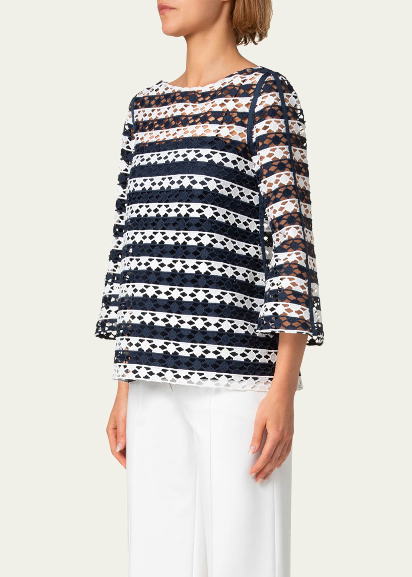 Akris punto Kodak Striped Dot Guipure Trumpet-Sleeve Blouse Image 4 of 5