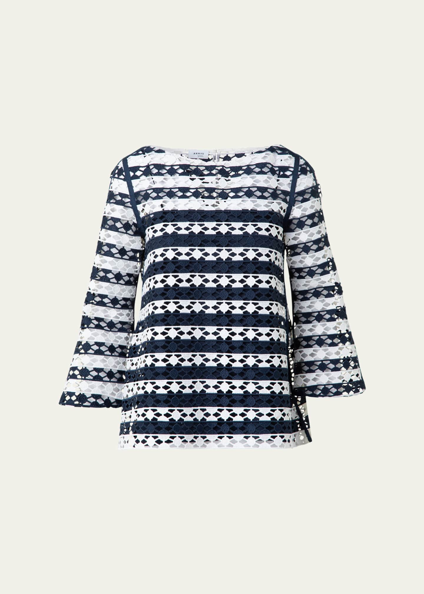 Akris punto Kodak Striped Dot Guipure Trumpet-Sleeve Blouse Image 1 of 5