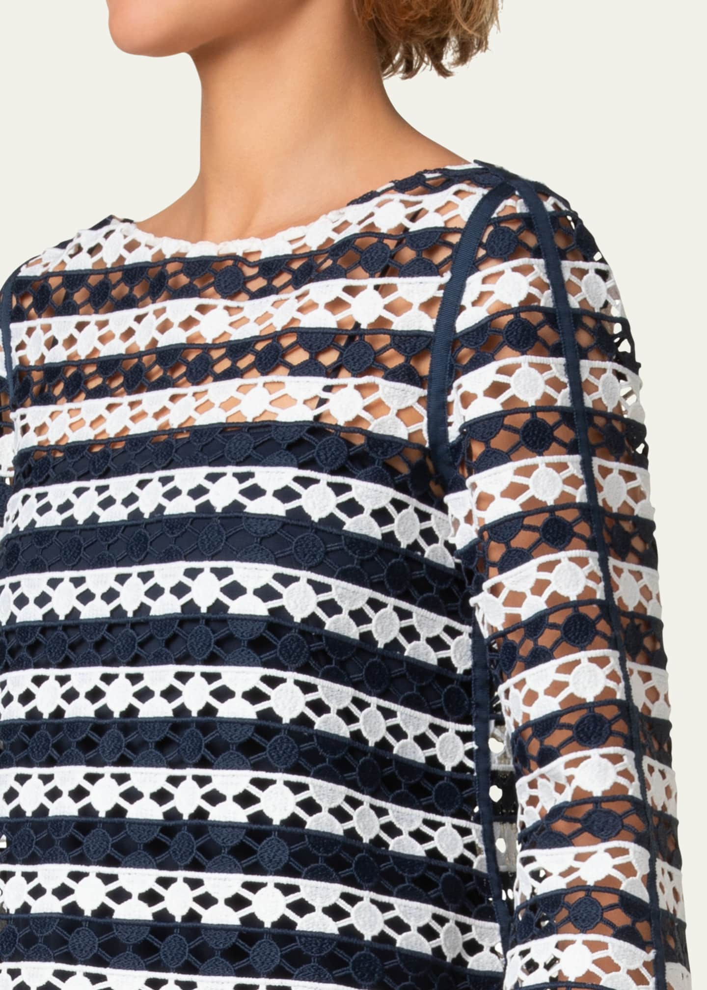 Akris punto Kodak Striped Dot Guipure Trumpet-Sleeve Blouse Image 5 of 5
