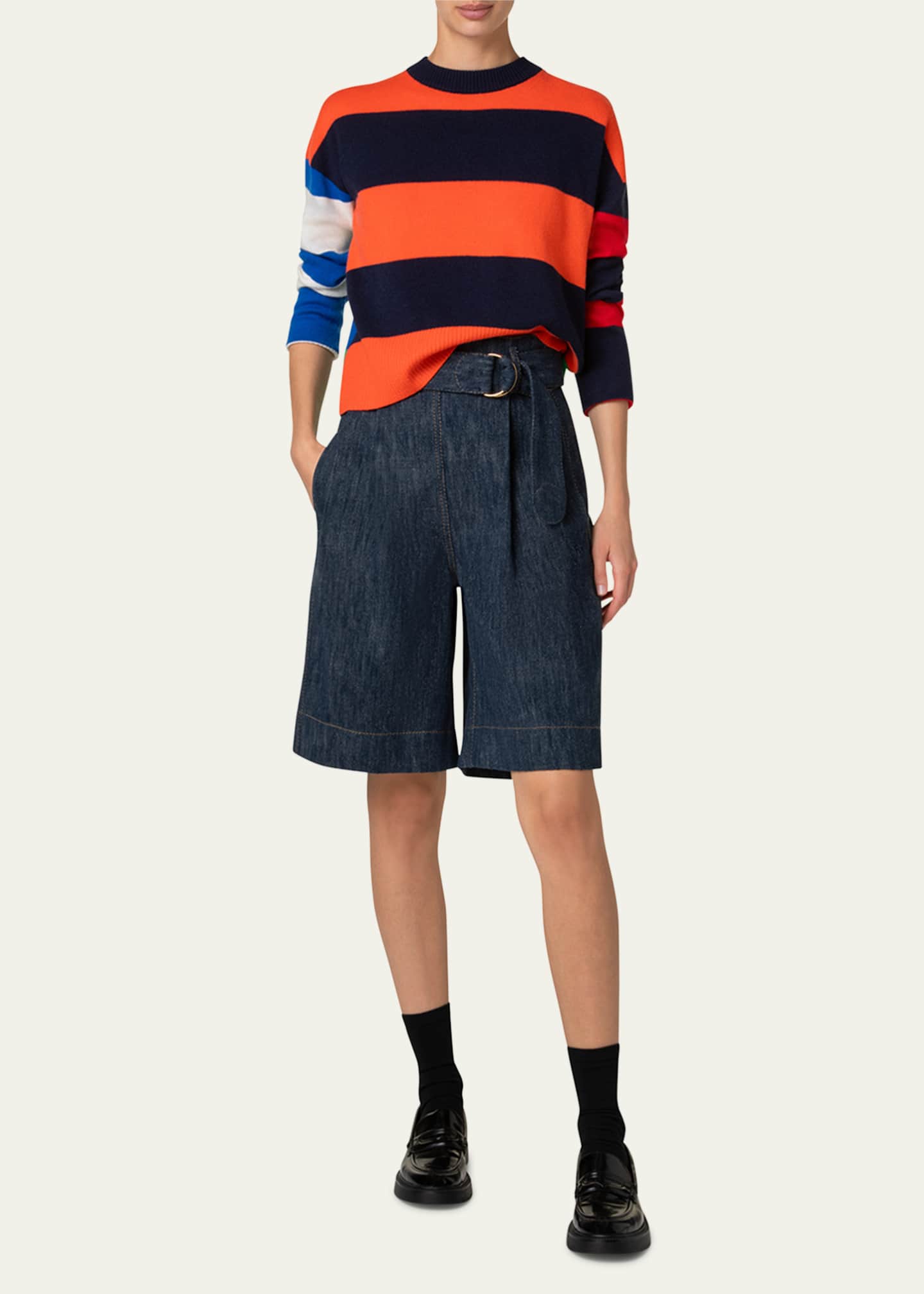 Akris punto Colorblock Striped Boxy Cashmere-Wool Sweater Image 2 of 5