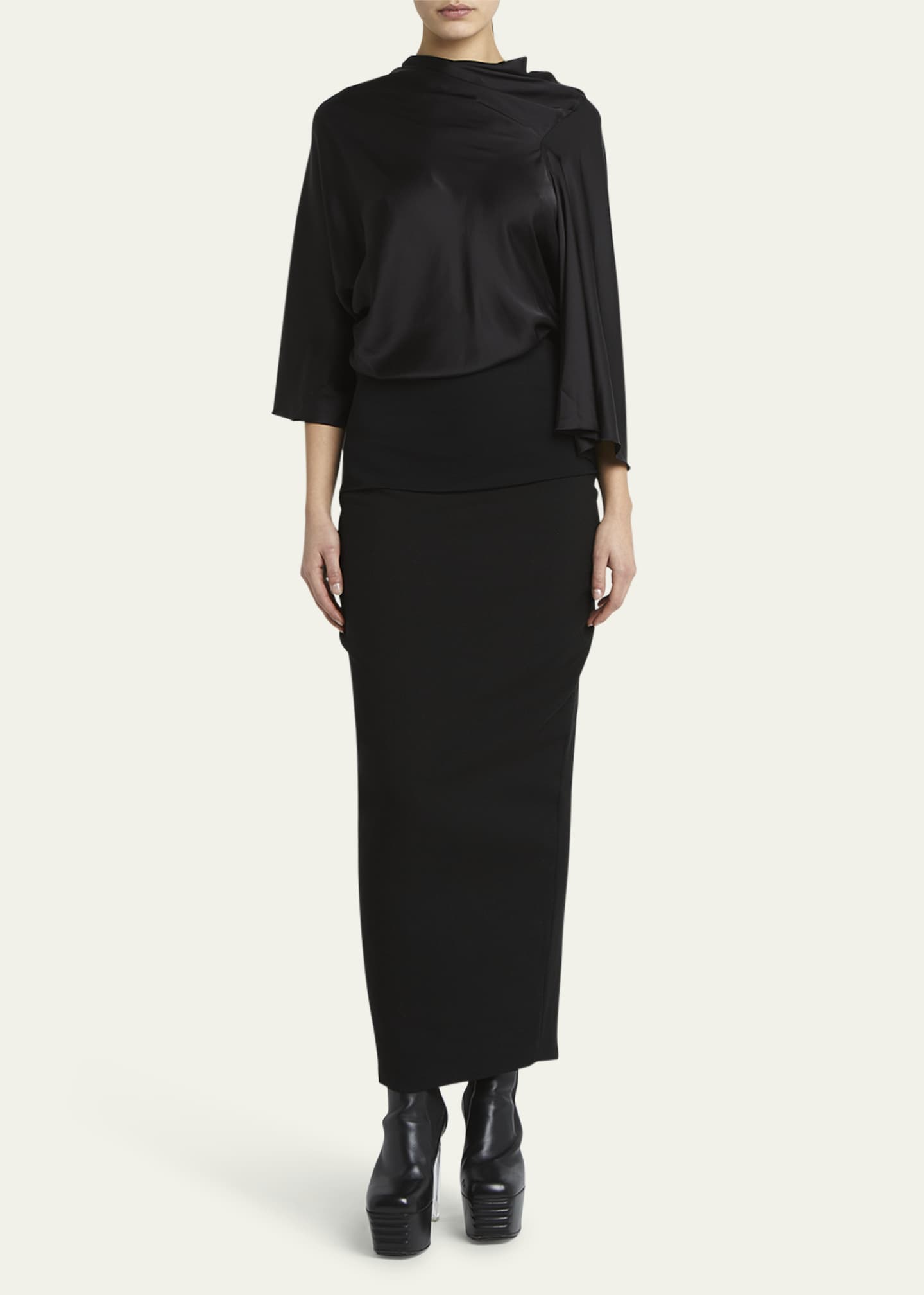 Rick Owens 3/4-Sleeve Cowl-Neck Satin Blouse Image 2 of 5
