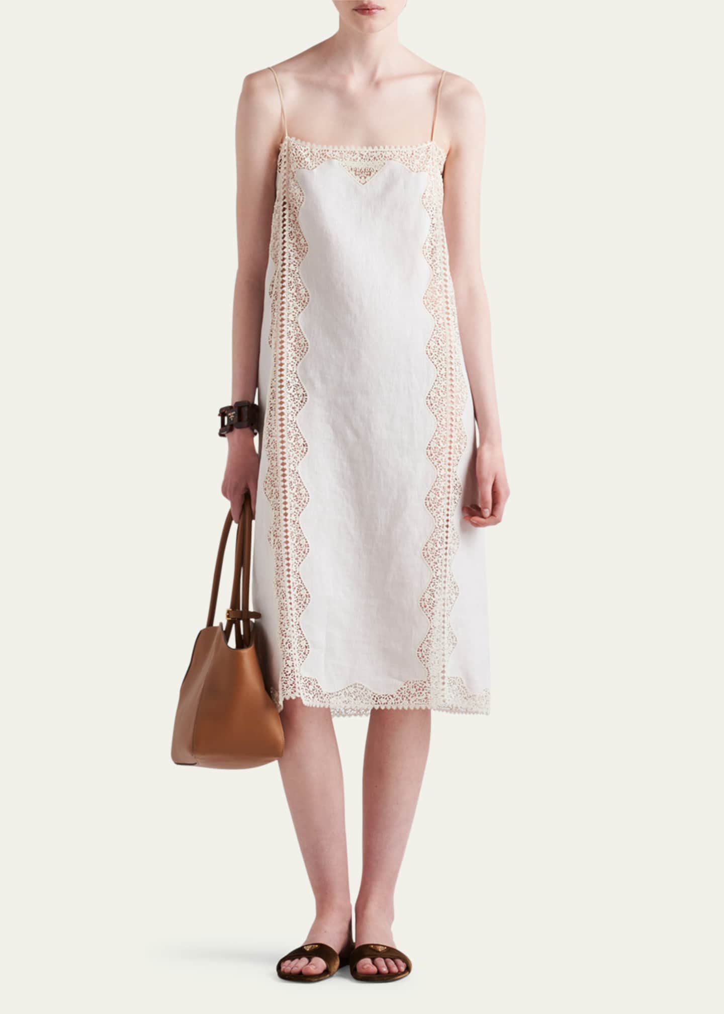 Prada Linen Midi Dress with Lace Embroidery Image 2 of 3