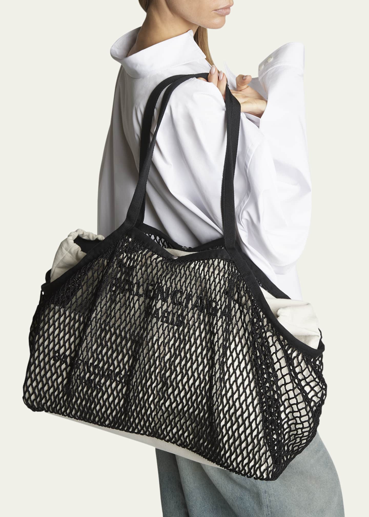 Balenciaga 24 7 Medium Washed Canvas and Fishnet Tote Bag Bergdorf Goodman