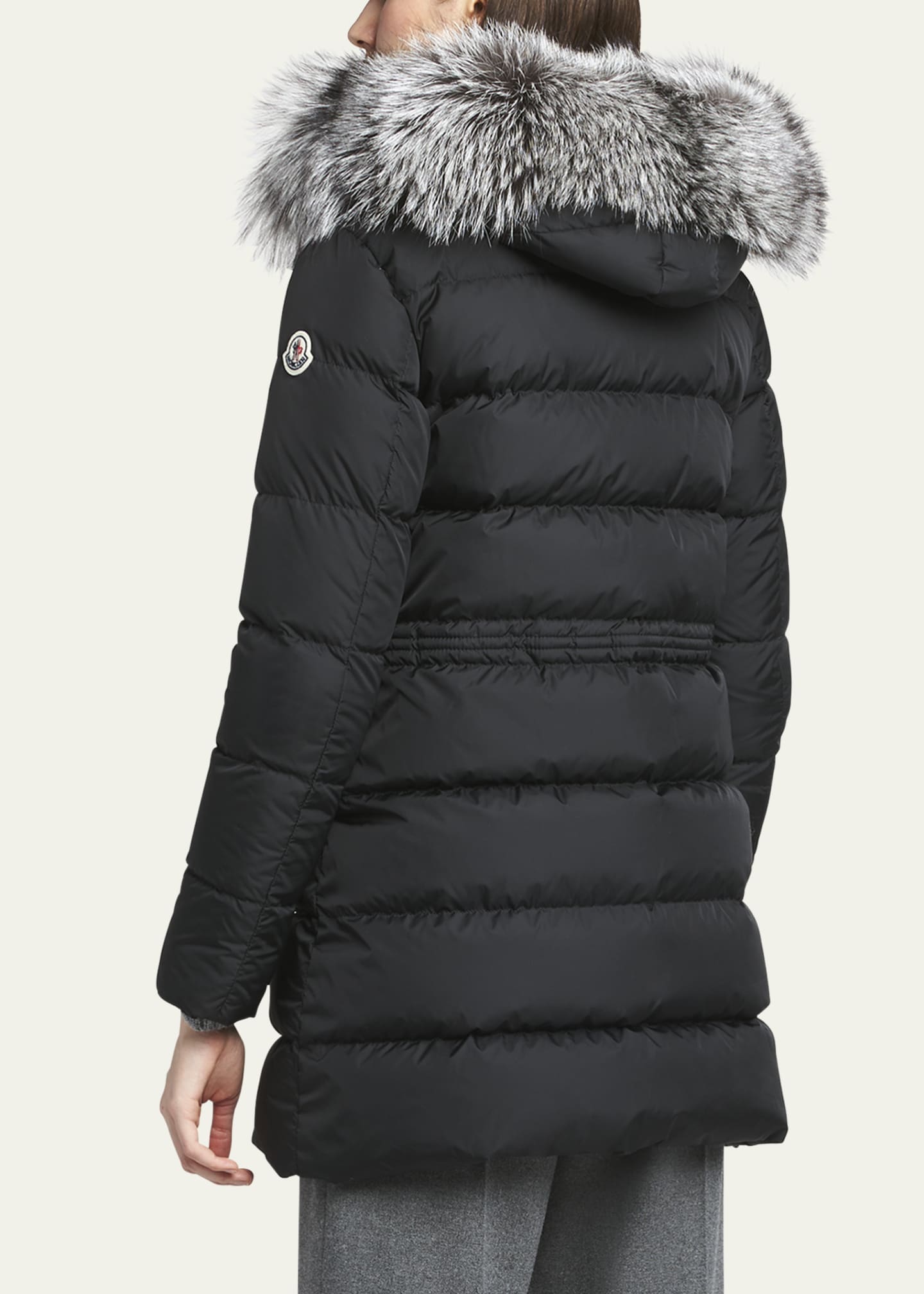 Moncler Aphroti Mid Length Puffer Jacket with Shearling Hood Trim