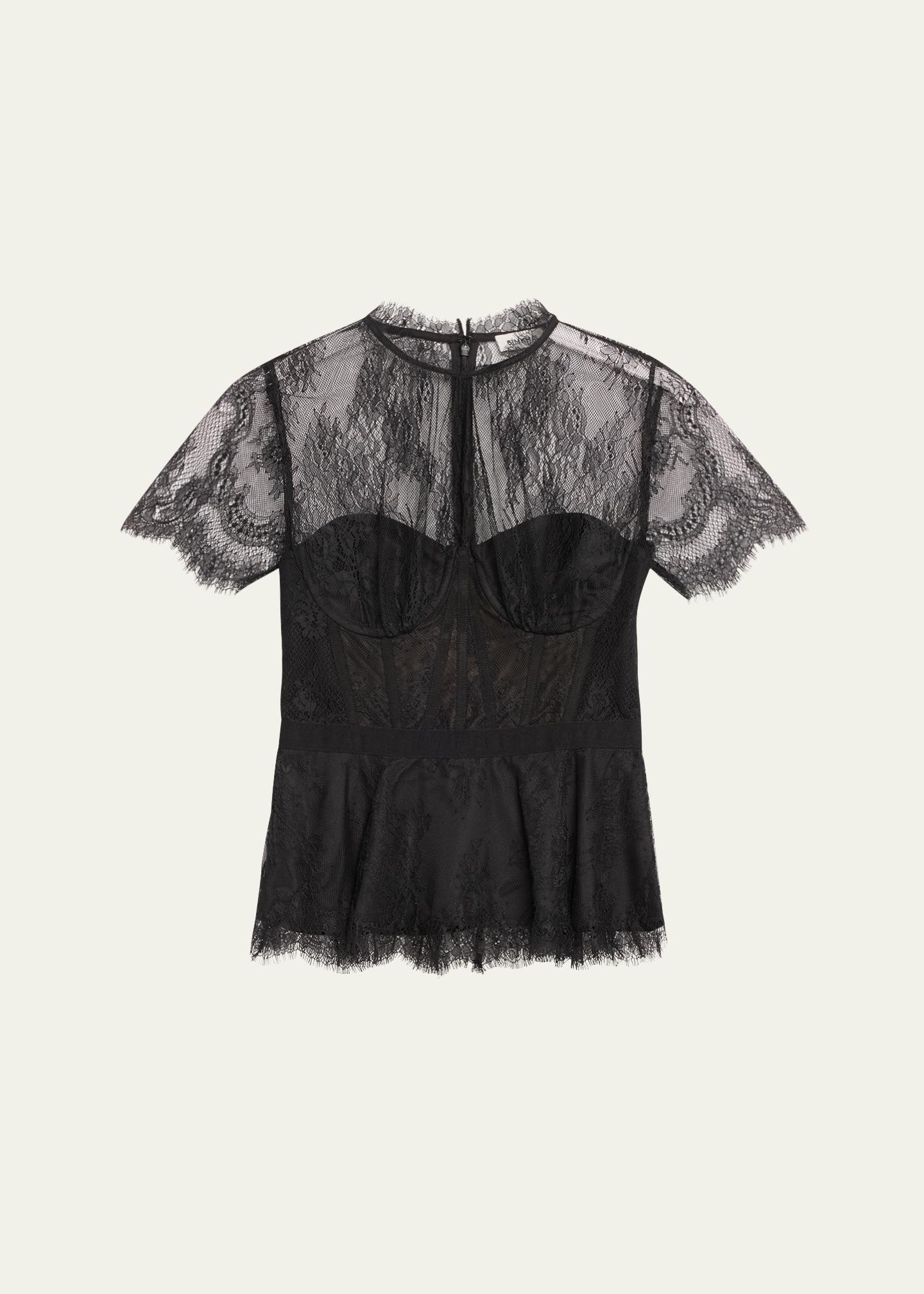 SIMKHAI Kehlani Sheer Lace Short-Sleeve Peplum Bustier Top 