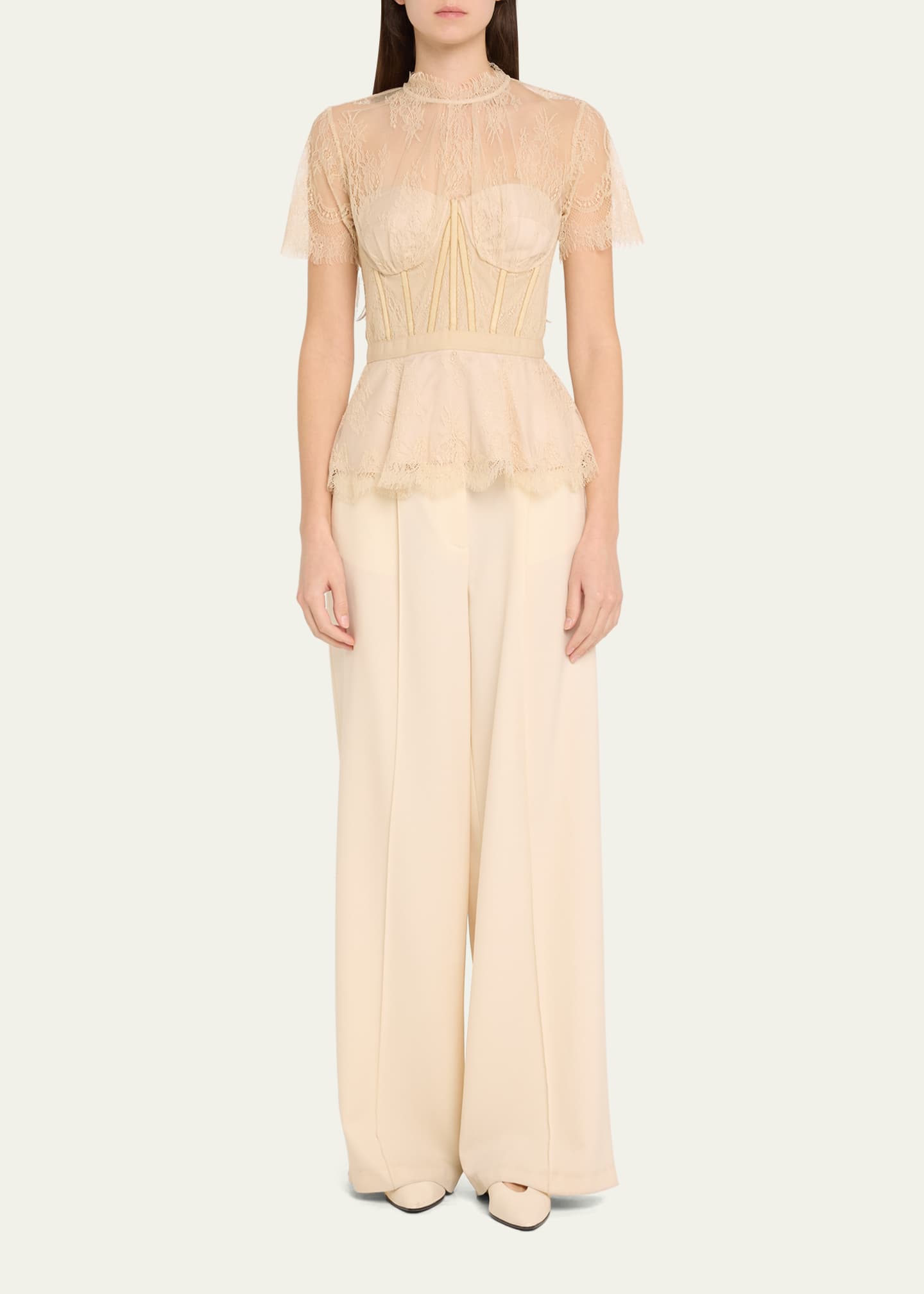 SIMKHAI Kehlani Sheer Lace Short-Sleeve Peplum Bustier Top Image 2 of 5
