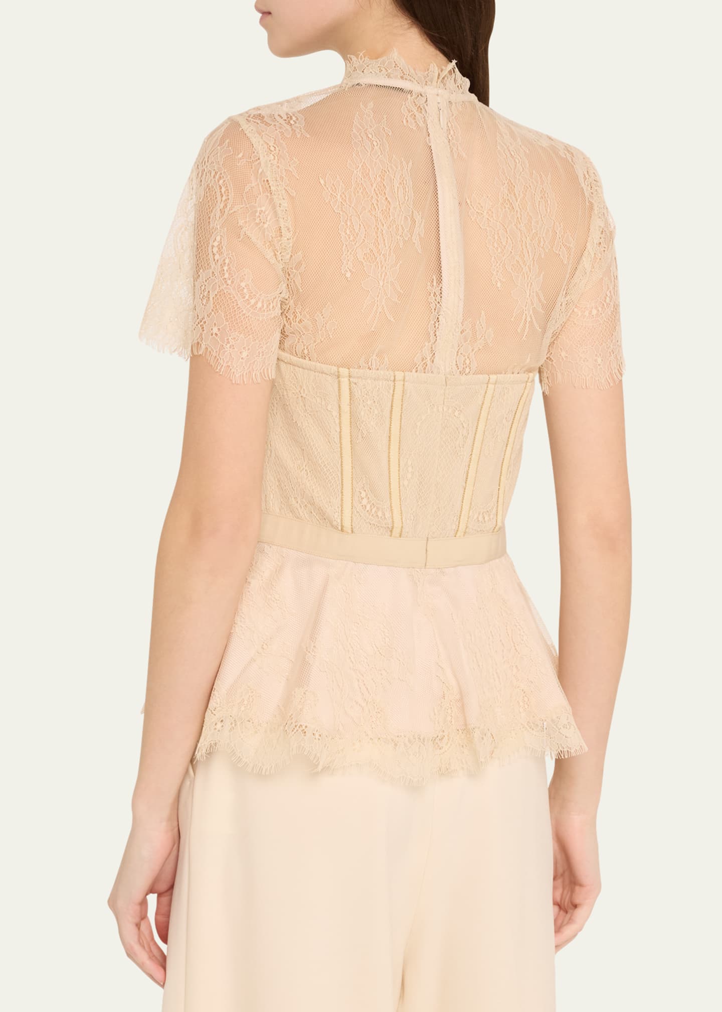 SIMKHAI Kehlani Sheer Lace Short-Sleeve Peplum Bustier Top Image 3 of 5