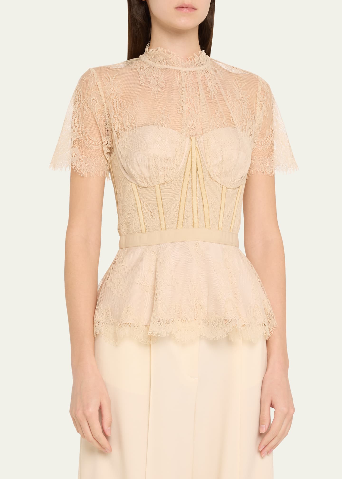 SIMKHAI Kehlani Sheer Lace Short-Sleeve Peplum Bustier Top Image 4 of 5