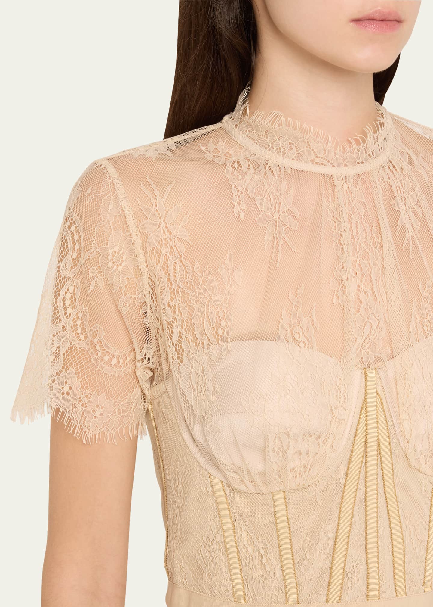 SIMKHAI Kehlani Sheer Lace Short-Sleeve Peplum Bustier Top Image 5 of 5