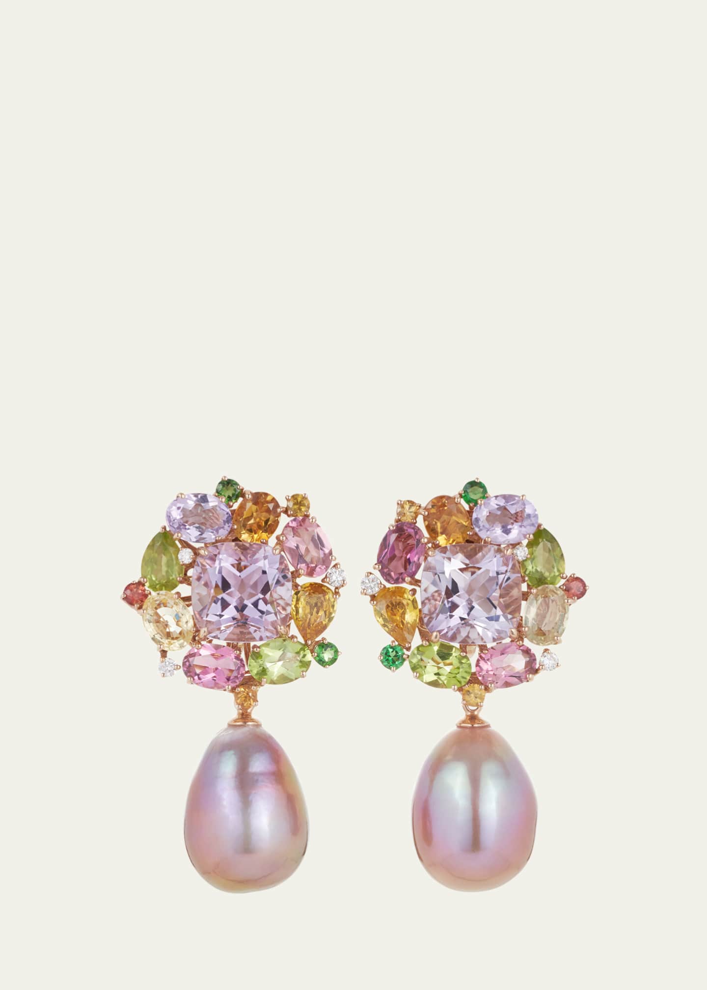 Margot McKinney Jewelry 18K Rose Gold Diamond and Multi Stone Flower Earrings with Detachable Pearls