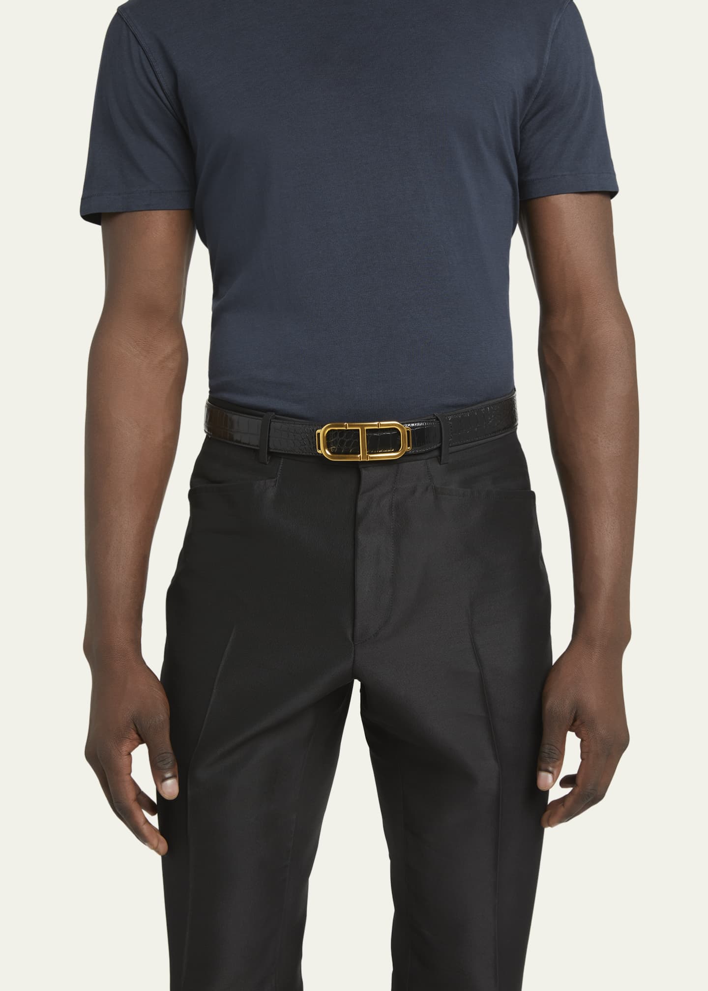 TOM FORD Men's Croc-Effect Leather Stadium T-Buckle Belt Image 2 of 2